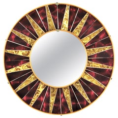 Vintage Sunburst Round Mirror with Garnet Golden Glass Mosaic Frame