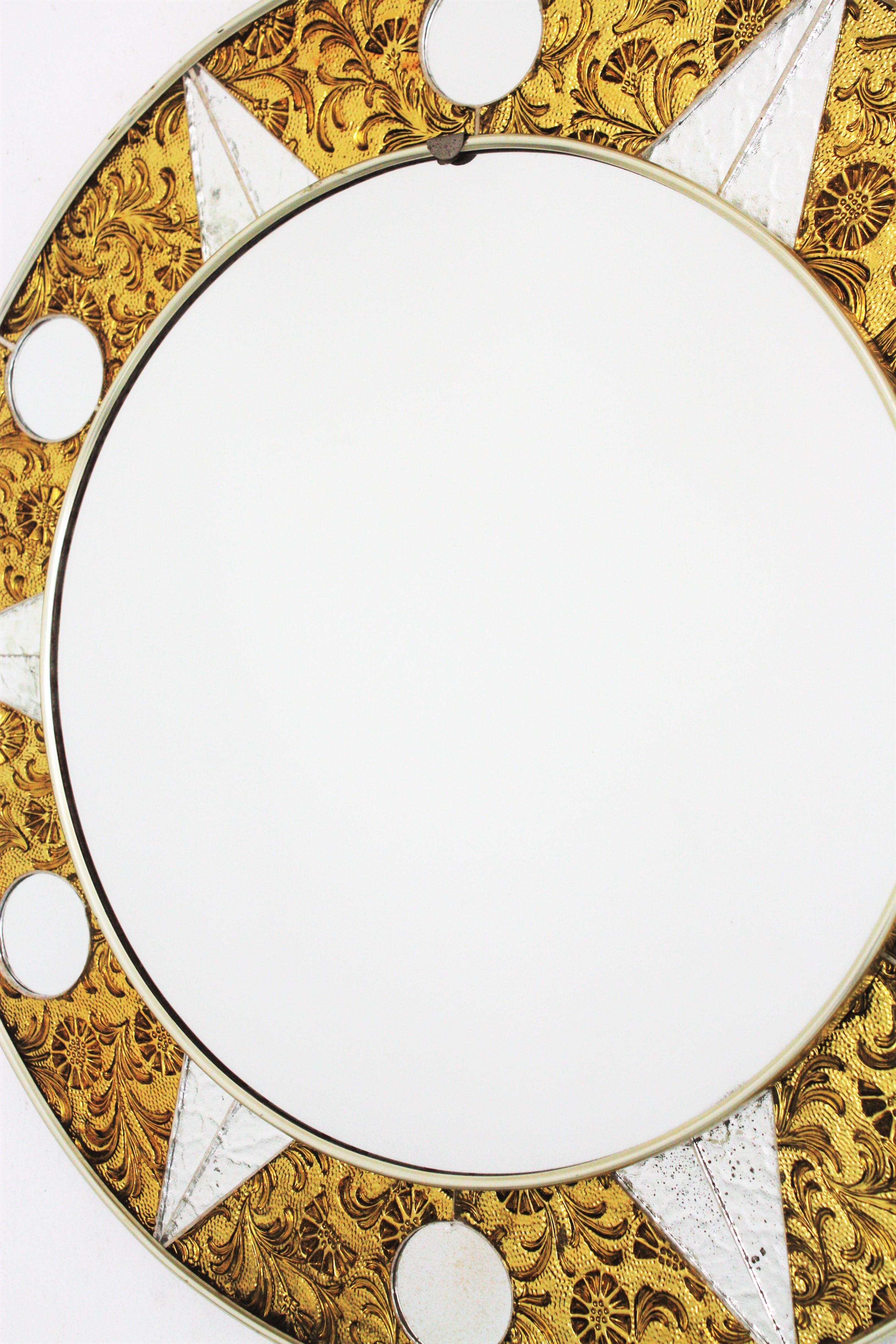 Spanish Midcentury Sunburst Glass Mosaic Round Mirror
