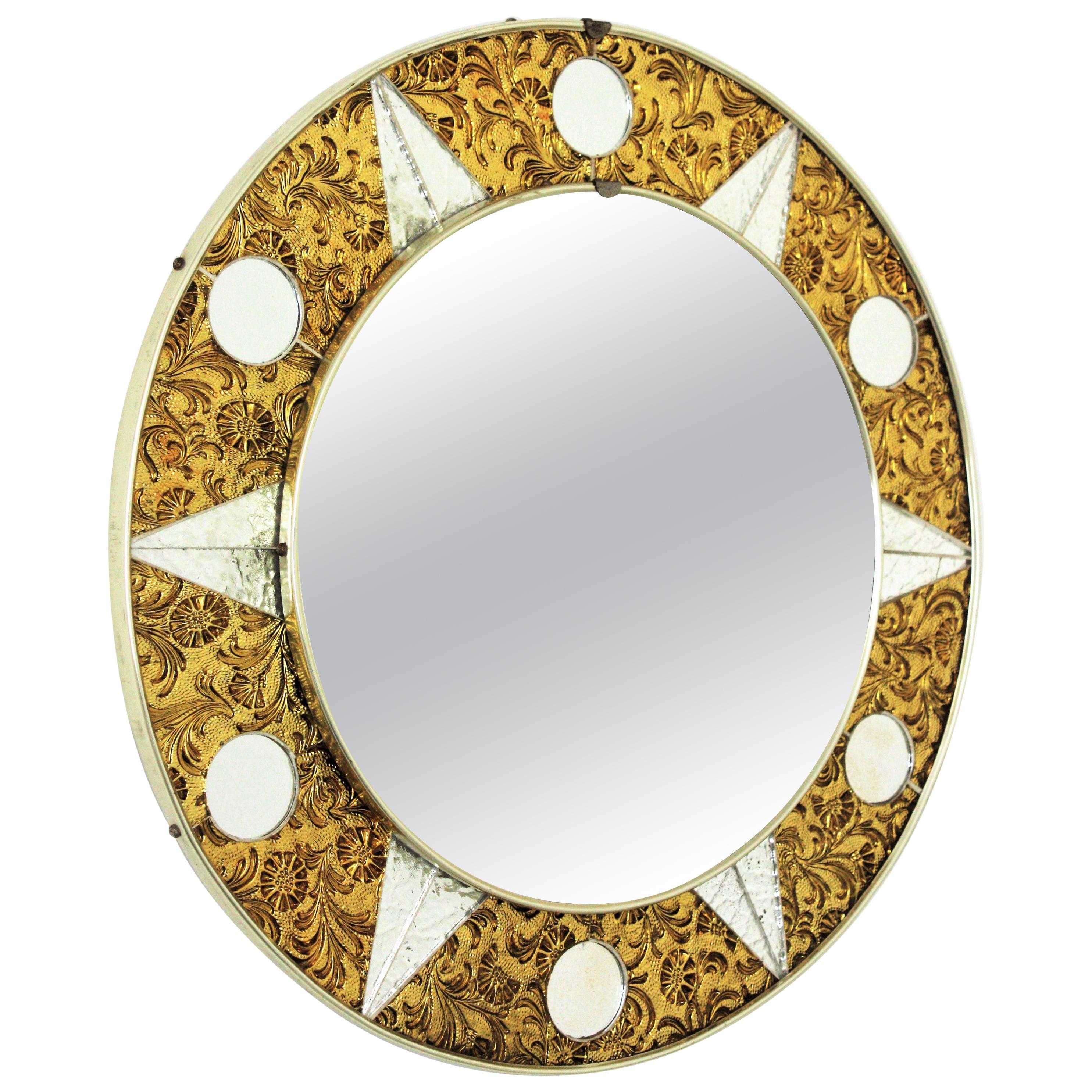 Midcentury Sunburst Glass Mosaic Round Mirror