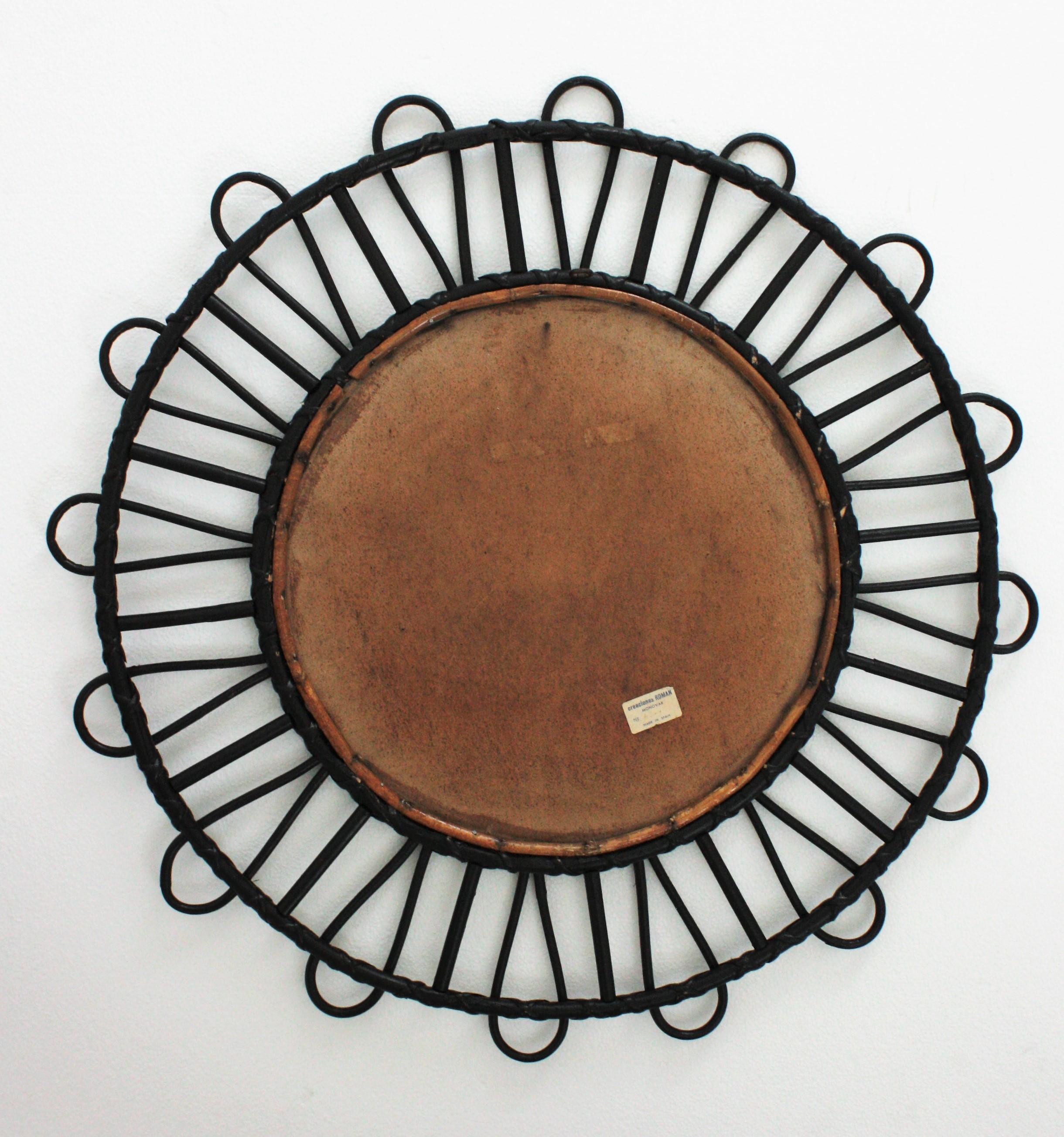 20th Century Rattan Sunburst Mirror in Black  For Sale