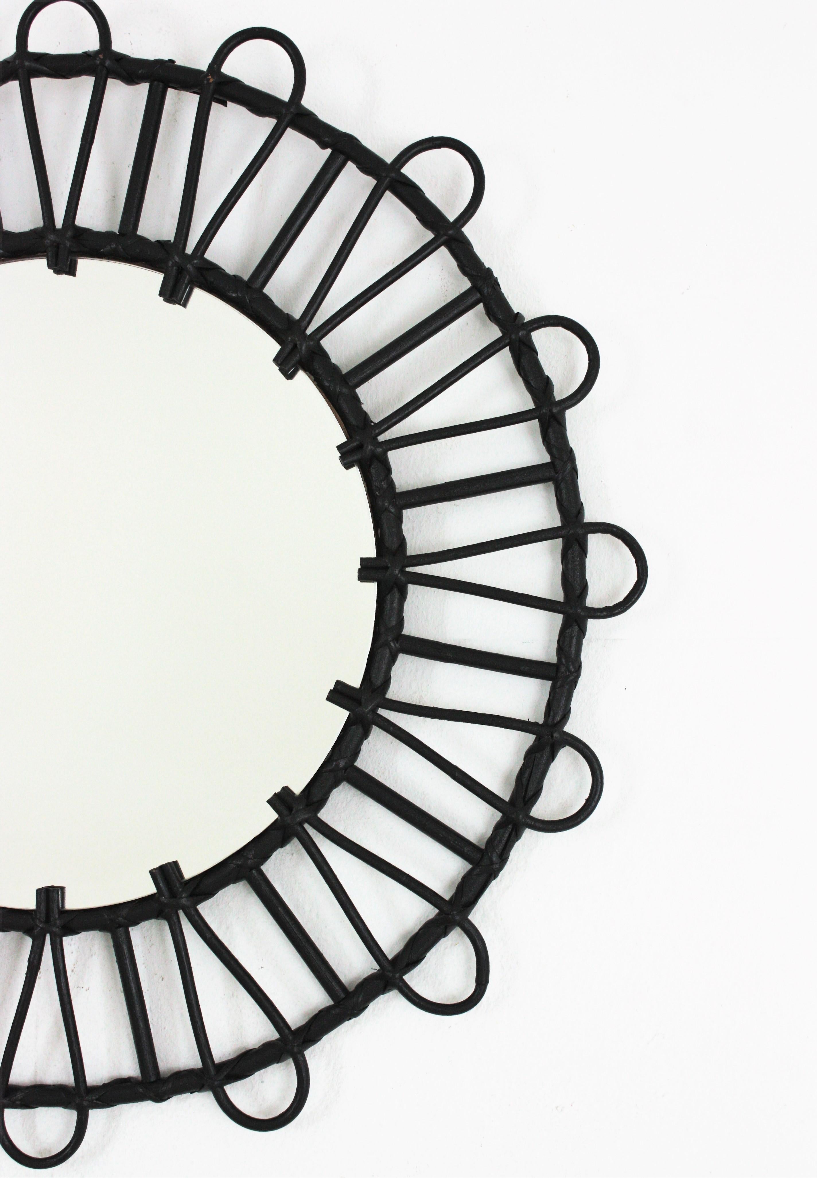 Spanish Rattan Sunburst Mirror in Black  For Sale