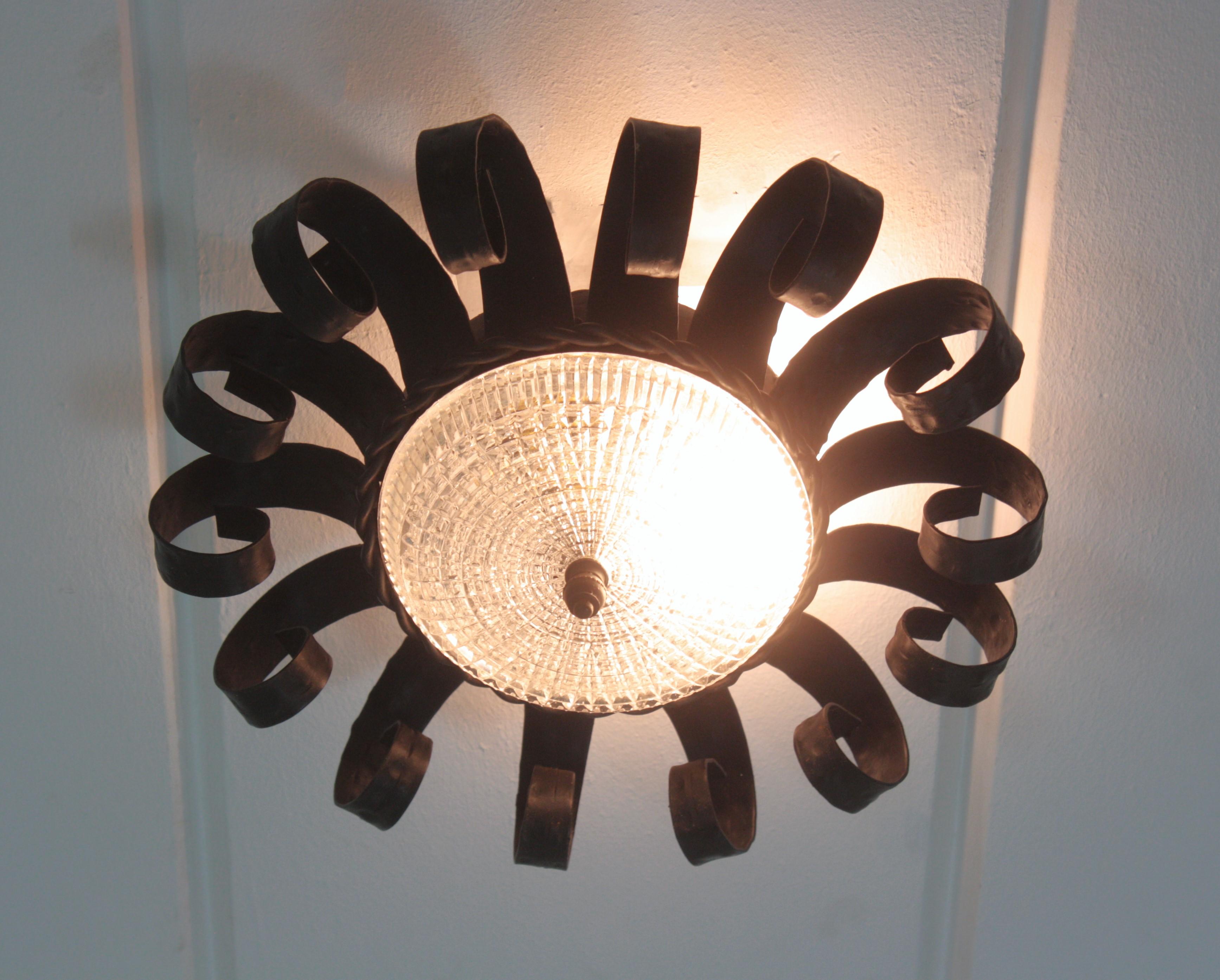 Sunburst Scrollwork Crown of Light Fixture, fer forgé et verre en vente 5
