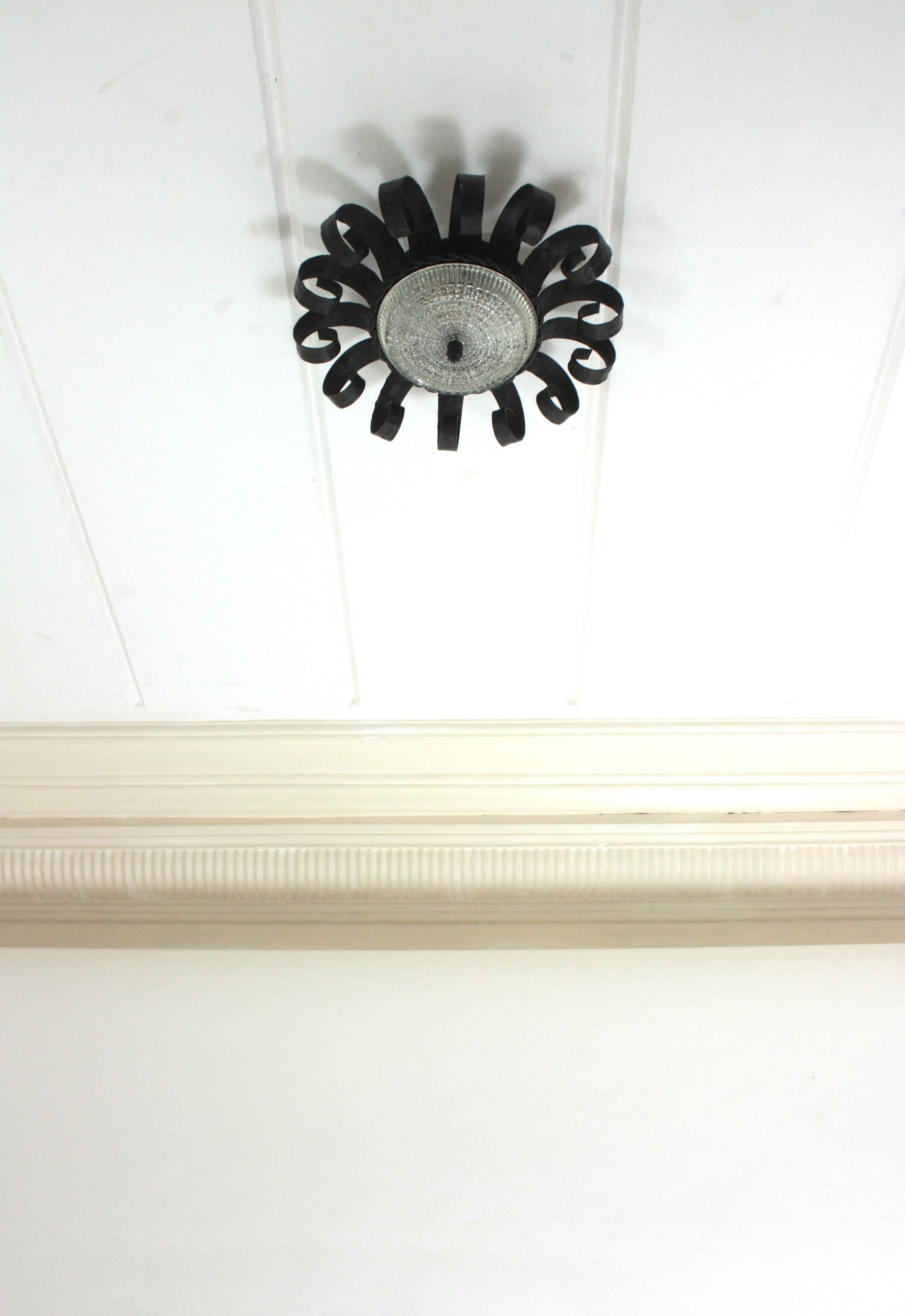 Sunburst Scrollwork Crown of Light Fixture, fer forgé et verre en vente 6