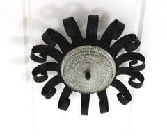 Sunburst Scrollwork Crown Ceiling Light Fixture in Wrought Iron & Glass, 1950