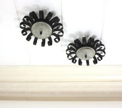Sunburst Scrollwork Crown Flush Mount Light Fixtures, Wrought Iron & Glass, Pair