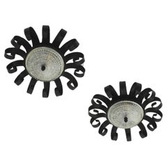 Vintage Sunburst Scrollwork Crown Flush Mount Light Fixtures, Wrought Iron & Glass, Pair