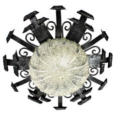 Sunburst Light Fixture in Hand Forged Iron and Pressed Glass