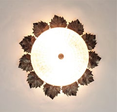Sunburst Silver Patinated Iron and Glass Flush Mount Light, Leaves Design