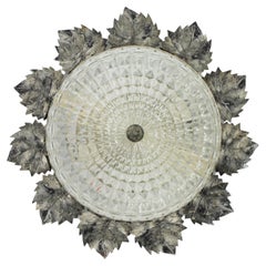 Sunburst Silver Patinated Iron and Glass Flush Mount Light, Leaves Design