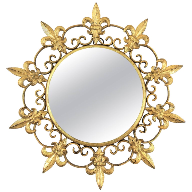 Sunburst Small Scale Mirror in Gilt Iron with FleurdeLys Design For
