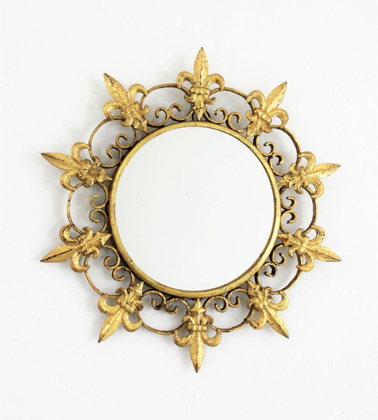 Sunburst Small Scale Mirror in Gilt Iron with FleurdeLys Design For