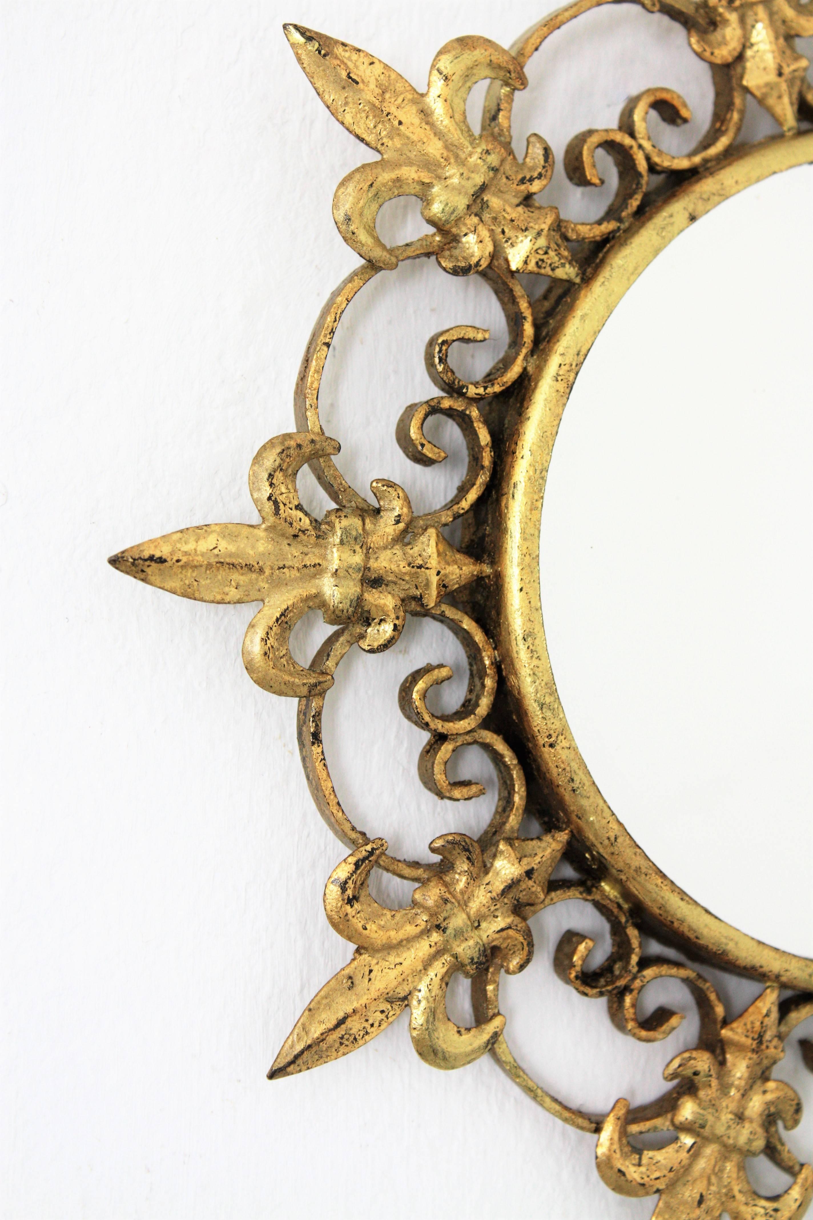 Spanish Gilt Sunburst Mirror in Small Scale, Fleur de Lys Design For Sale