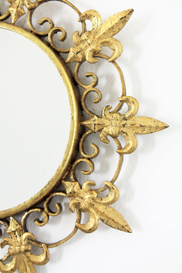 Sunburst Small Scale Mirror in Gilt Iron with FleurdeLys Design For