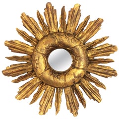 Sunburst Small Scale Mirror in Carved Giltwood, Spanish Baroque Style
