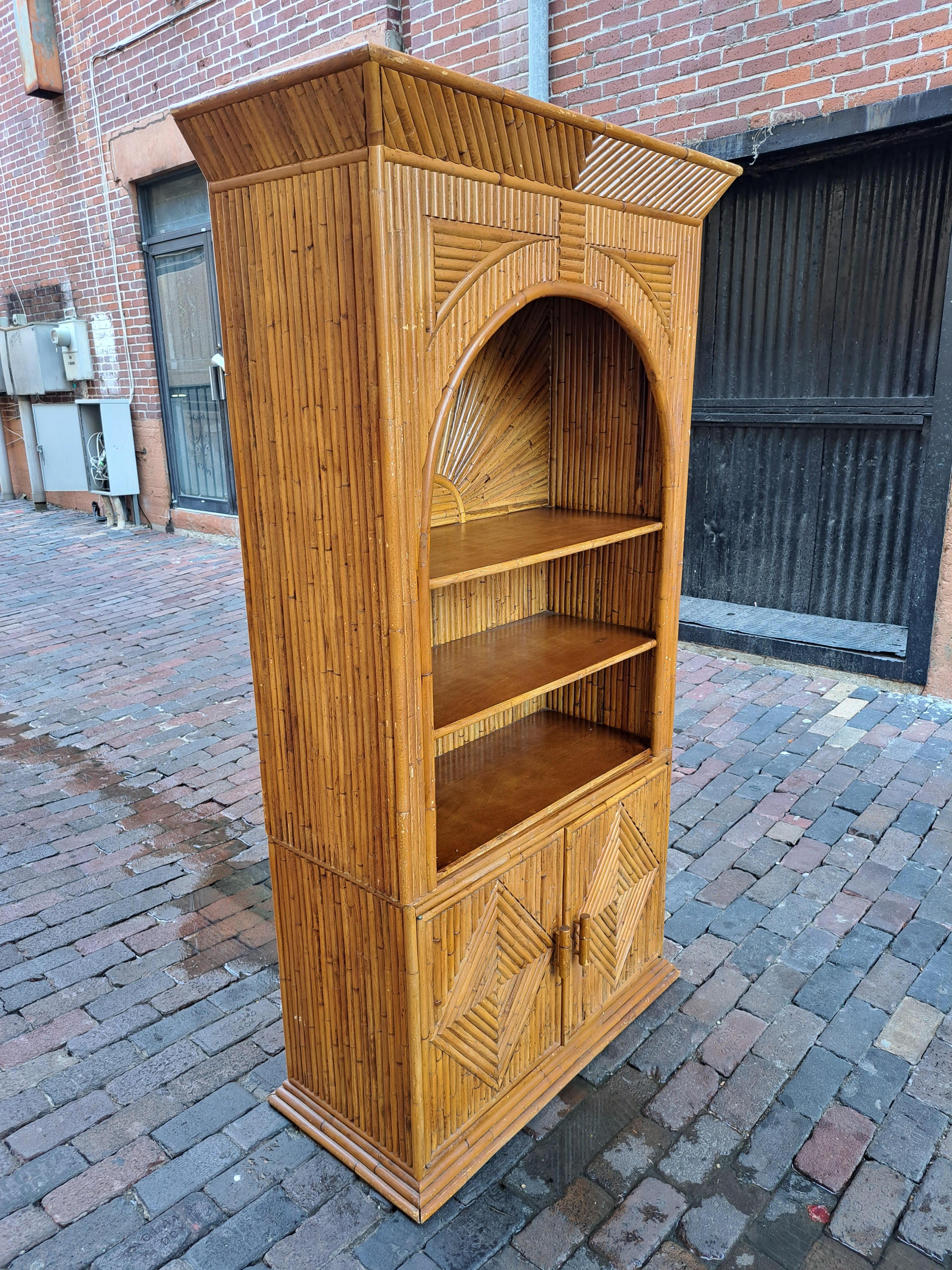 Hollywood Regency Sunburst Split Bamboo Two Piece Shelf For Sale