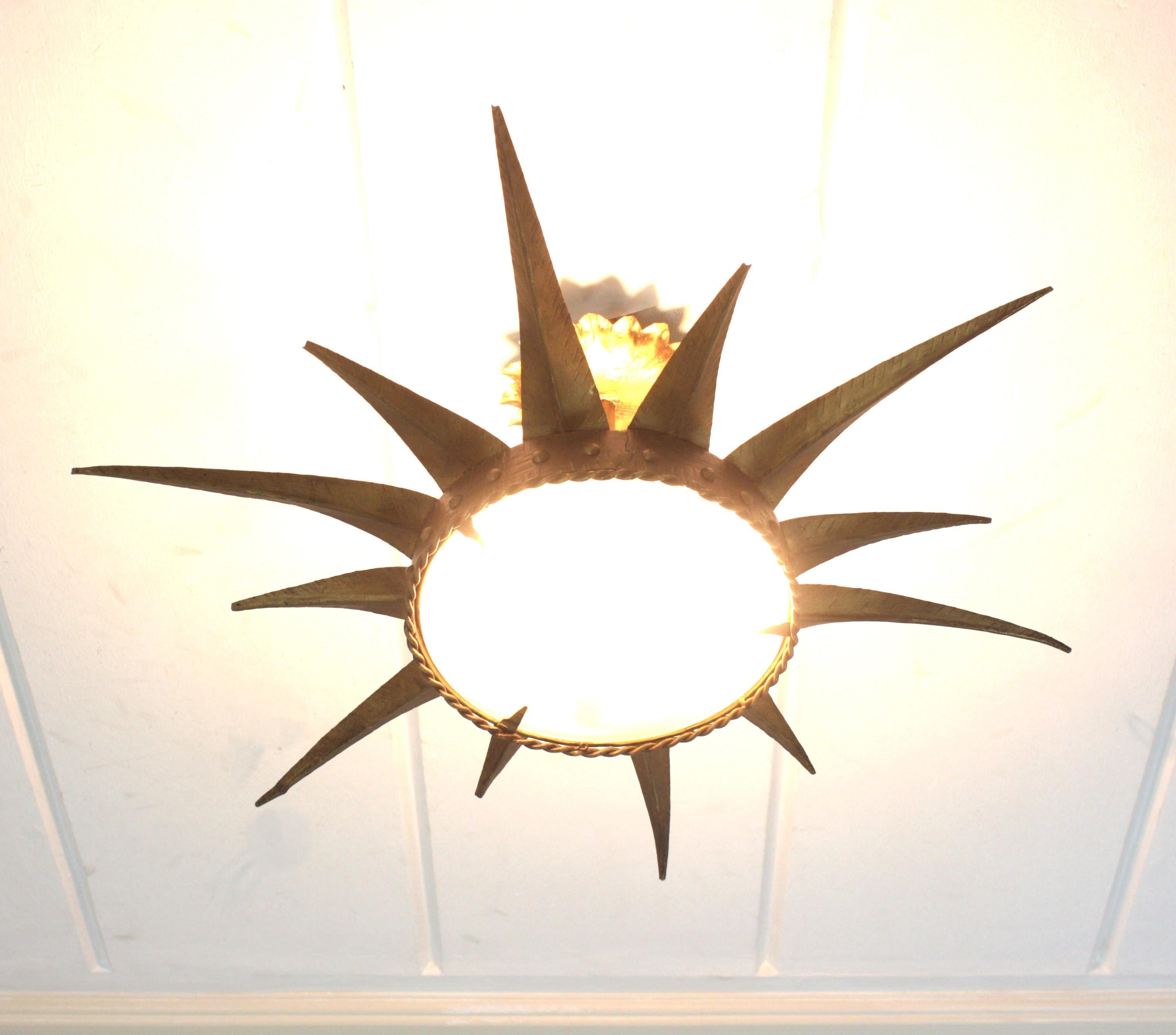 Sunburst Starburst Flush Mount Light Fixture in Gilt Iron 1