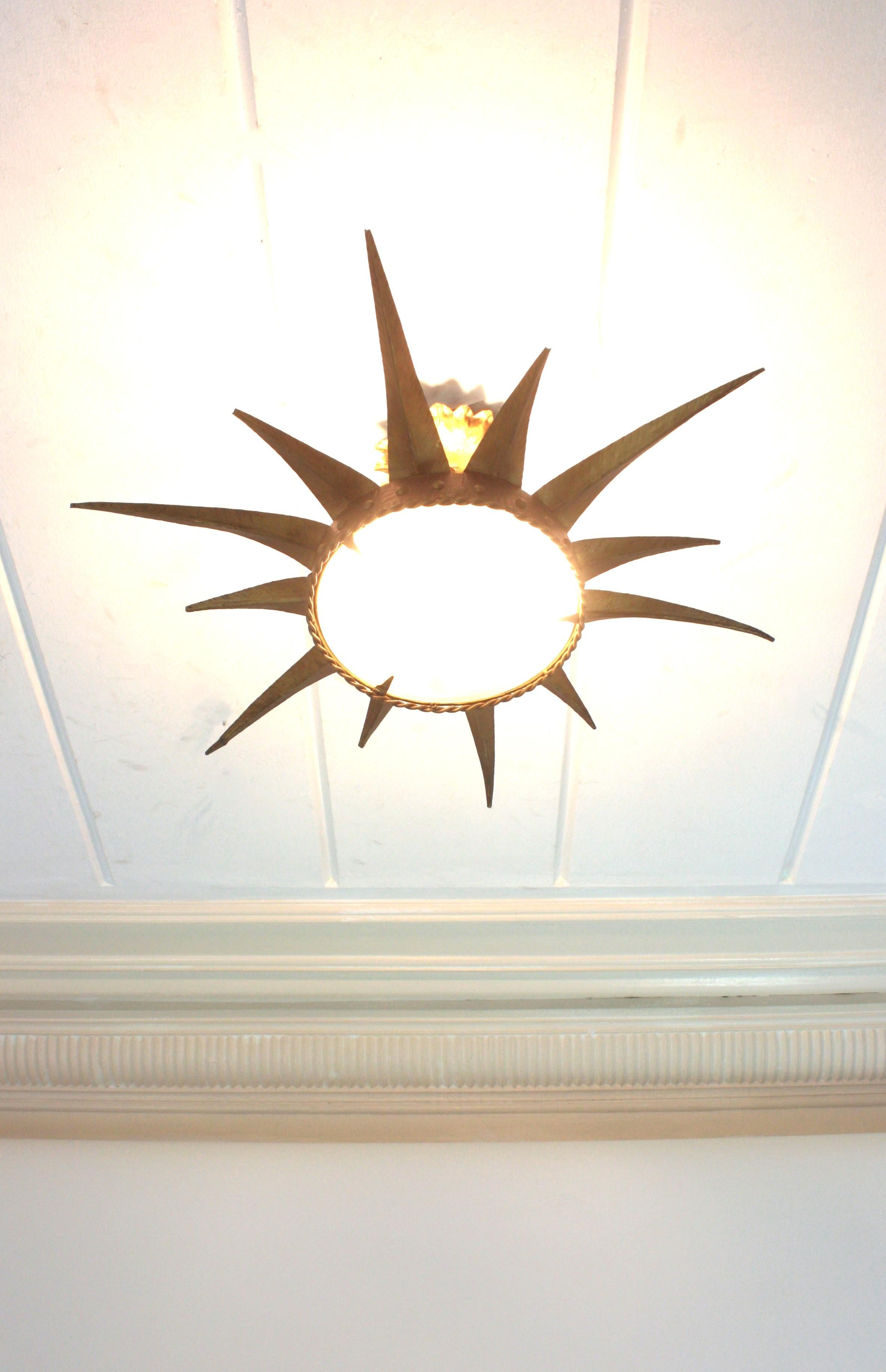 Sunburst Starburst Flush Mount Light Fixture in Gilt Iron 2
