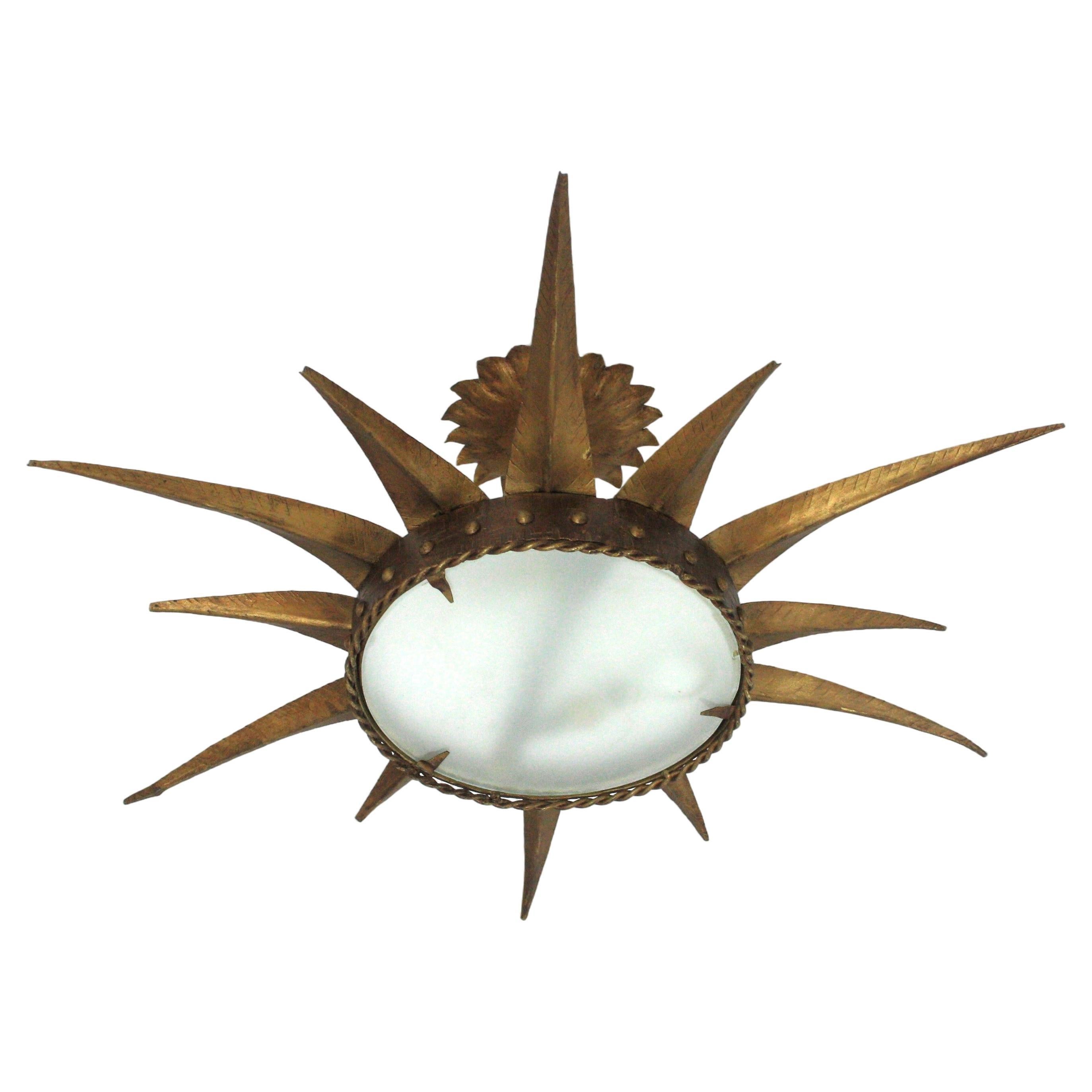 Sunburst Starburst Flush Mount Light Fixture in Gilt Iron