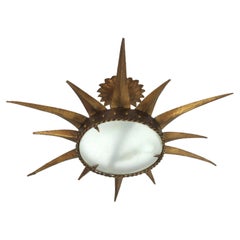 Sunburst Starburst Flush Mount Light Fixture in Gilt Iron