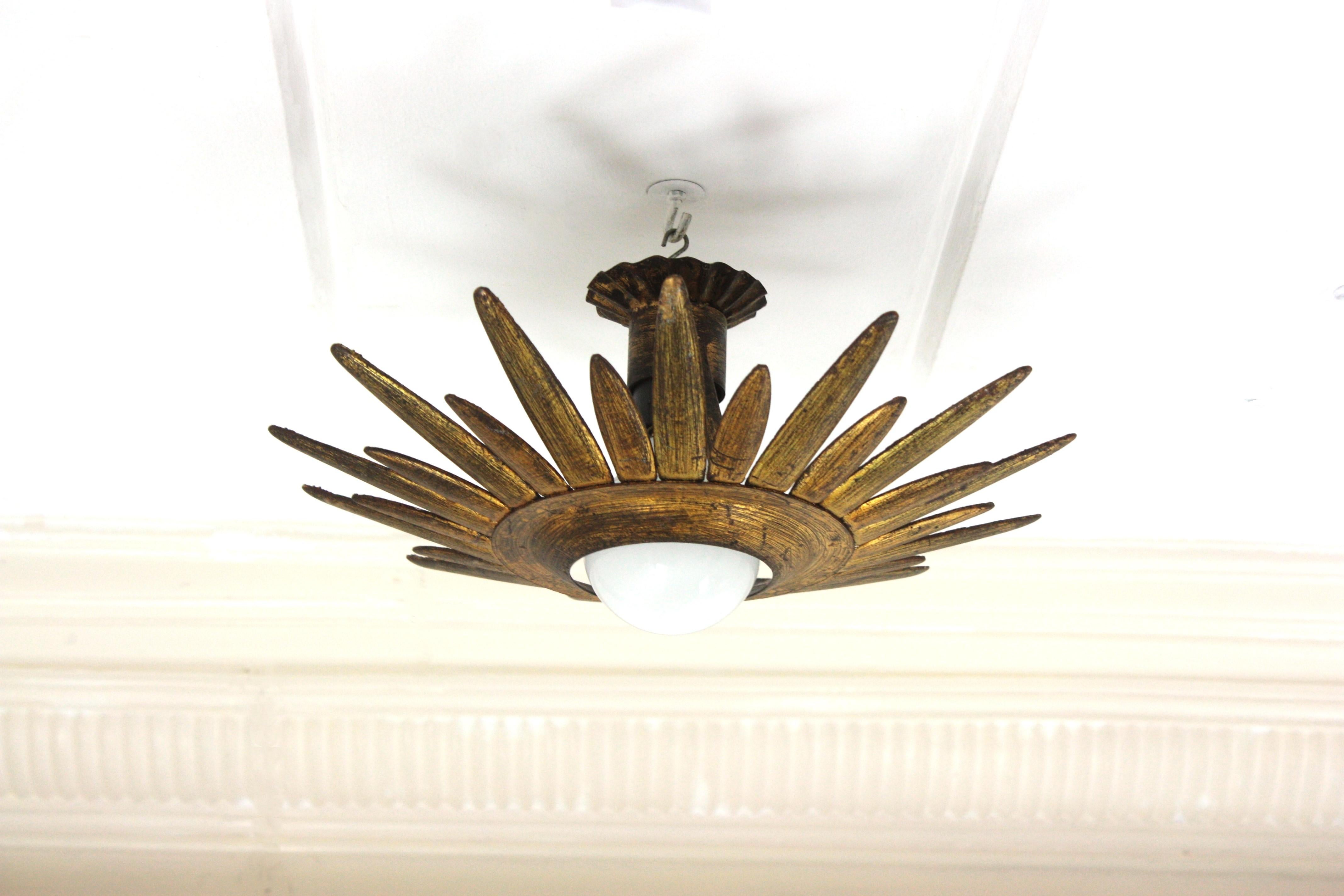 Sunburst Starburst Light Fixture in Gilt and Green Metal For Sale 13