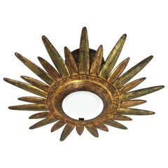 Vintage Sunburst Starburst Light Fixture in Gilt and Green Metal