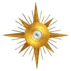 Sunburst Starburst Light Fixture, Gilt Iron, 1950s
