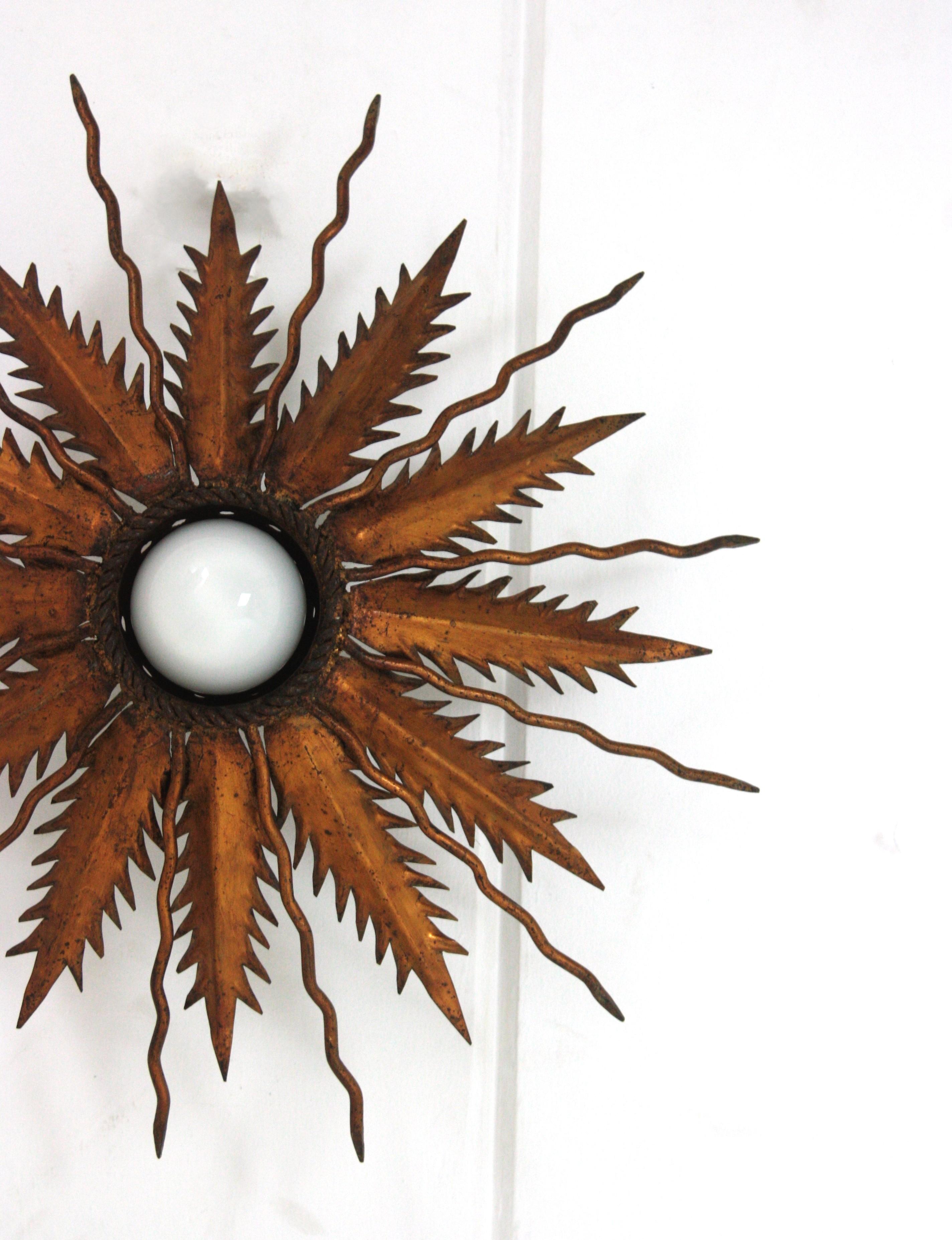 Sunburst Starburst Light Fixure in Bronze Gilt Wrought Iron, 1950 For Sale 5