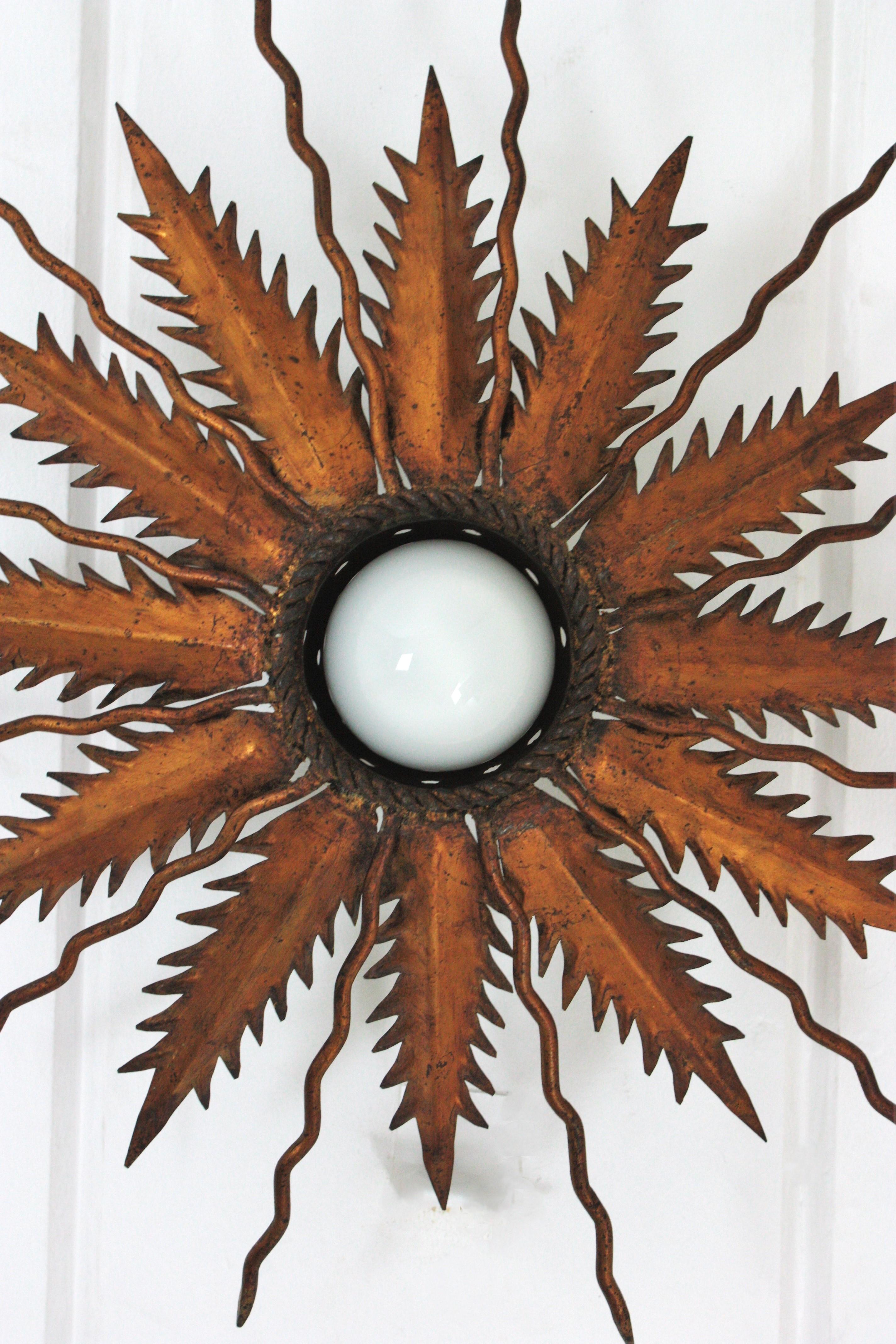 Sunburst Starburst Light Fixure in Bronze Gilt Wrought Iron, 1950 For Sale 6