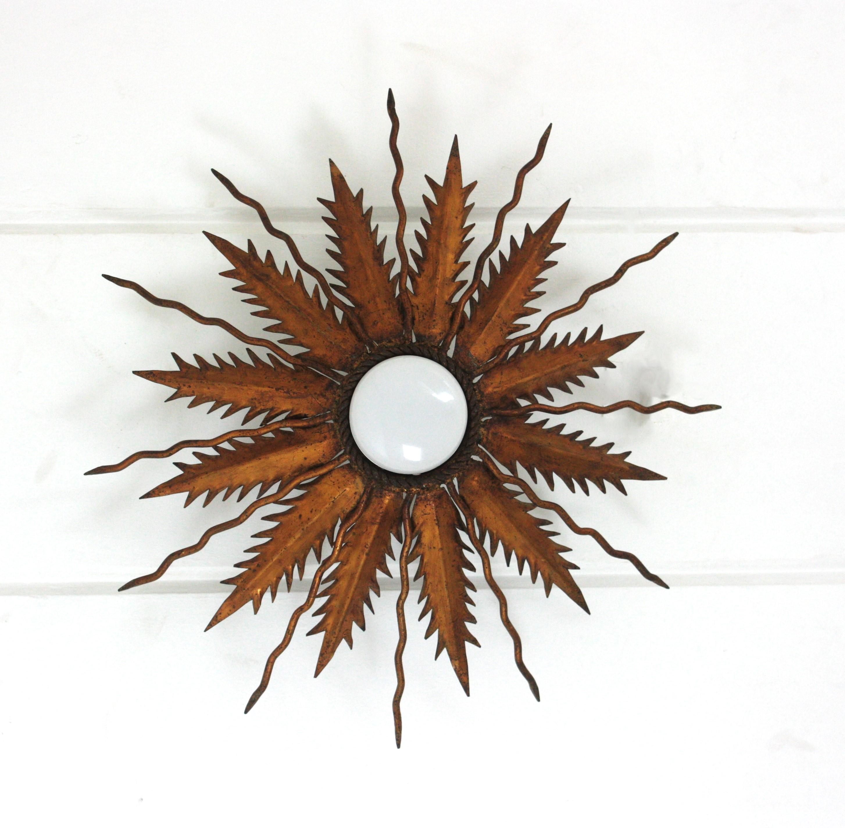 Sunburst Starburst Light Fixure in Bronze Gilt Wrought Iron, 1950 For Sale 8