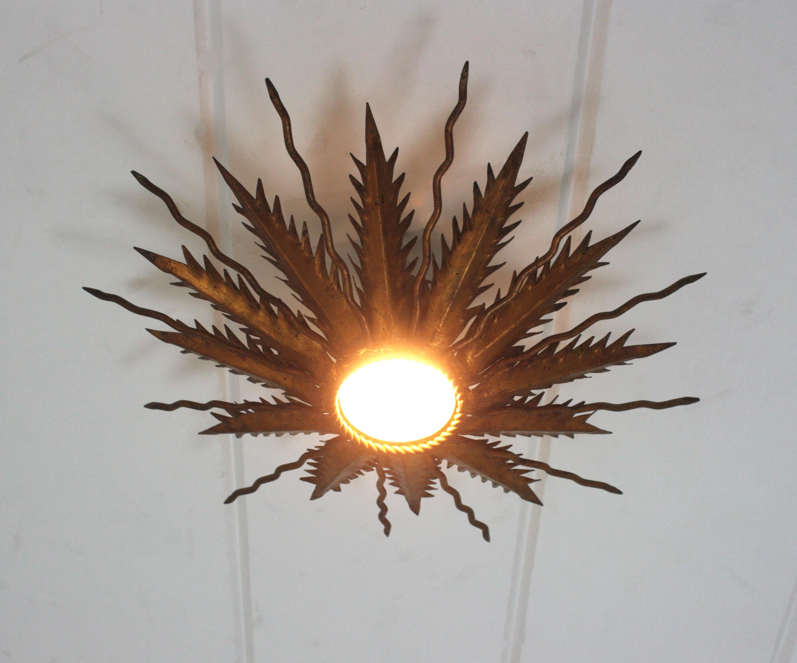 Sunburst Starburst Light Fixure in Bronze Gilt Wrought Iron, 1950 For Sale 9