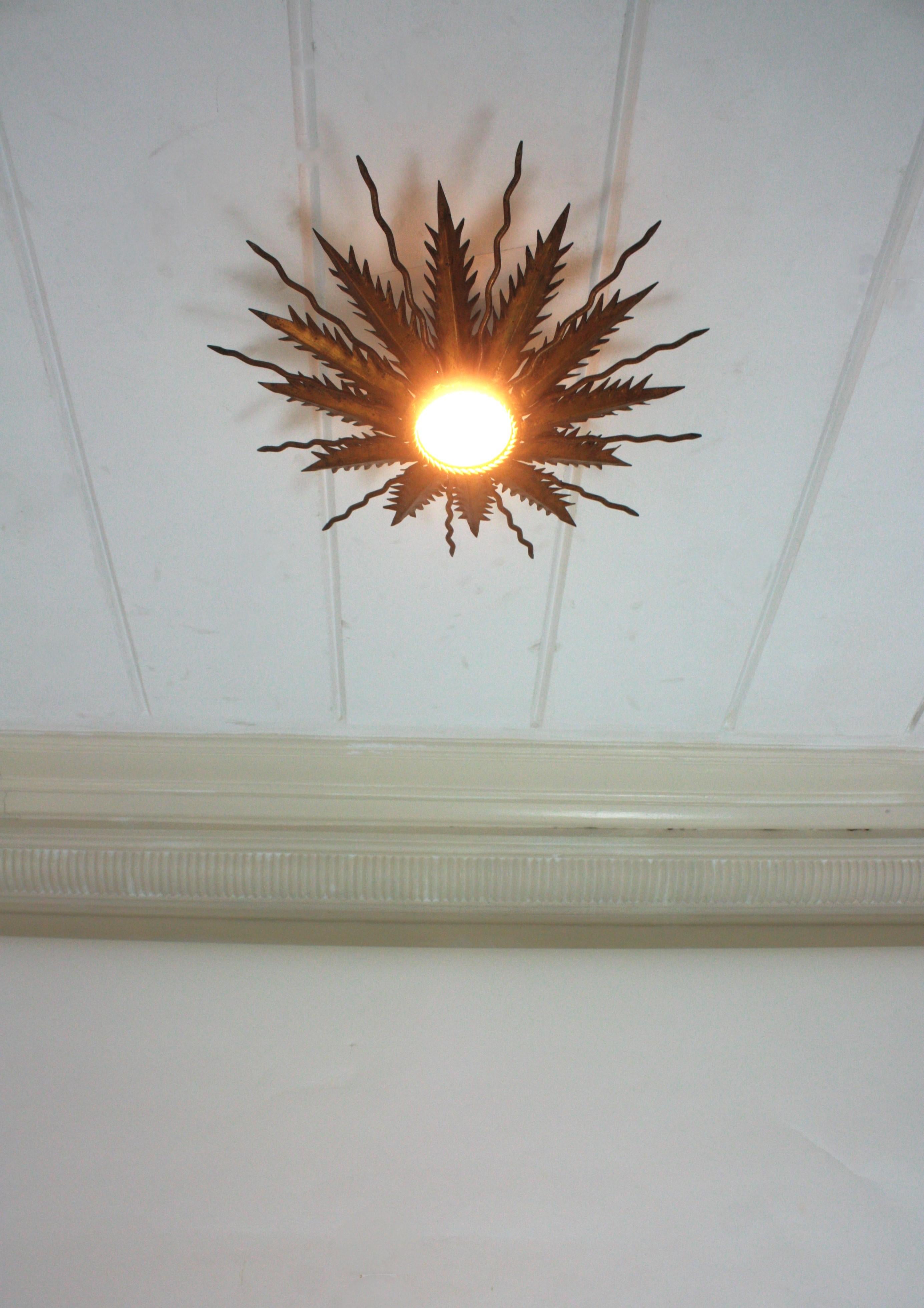 Sunburst Starburst Light Fixure in Bronze Gilt Wrought Iron, 1950 For Sale 10