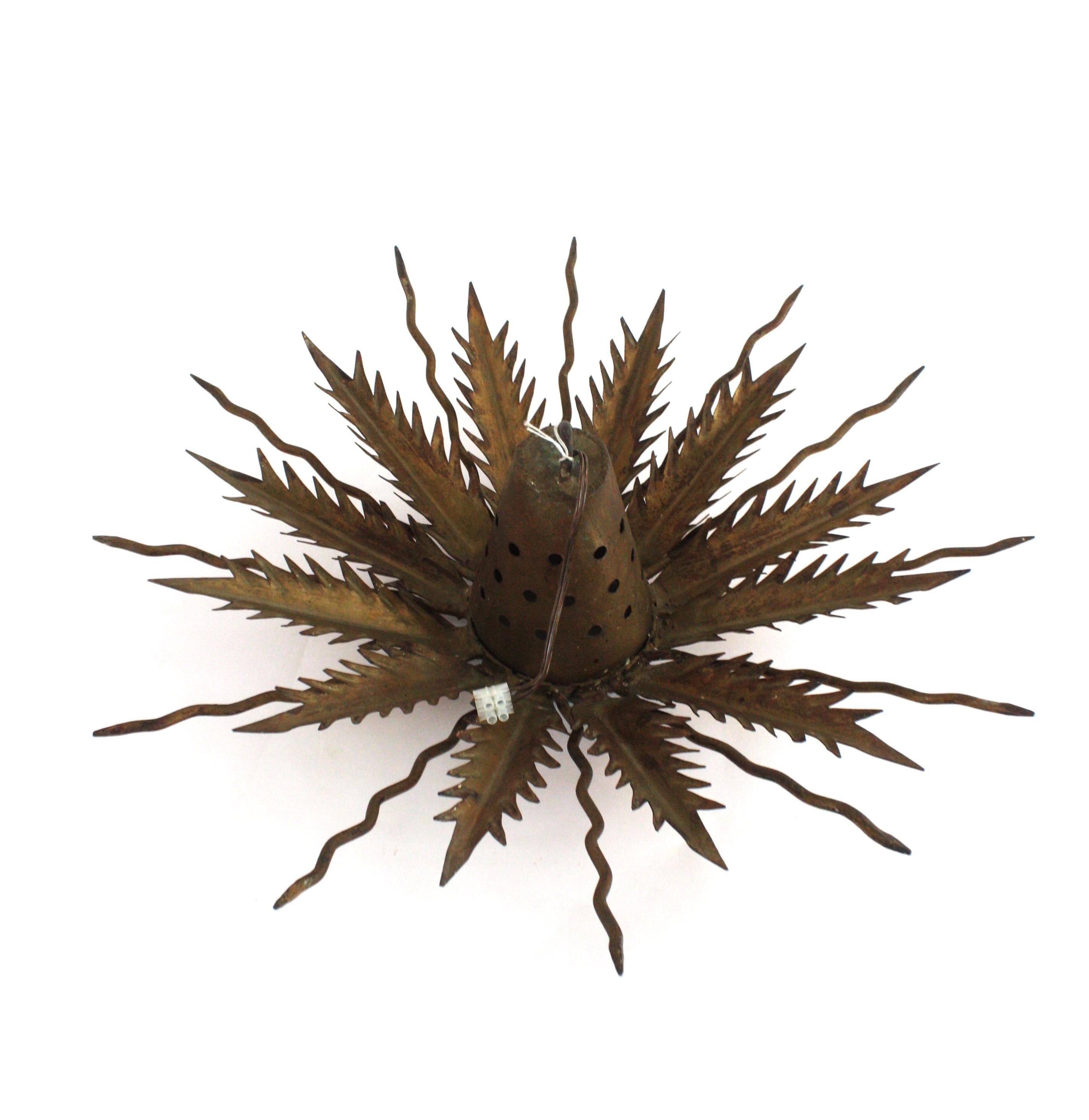 Sunburst Starburst Light Fixure in Bronze Gilt Wrought Iron, 1950 For Sale 13