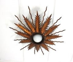 Sunburst Starburst Light Fixure in Bronze Gilt Wrought Iron, 1950