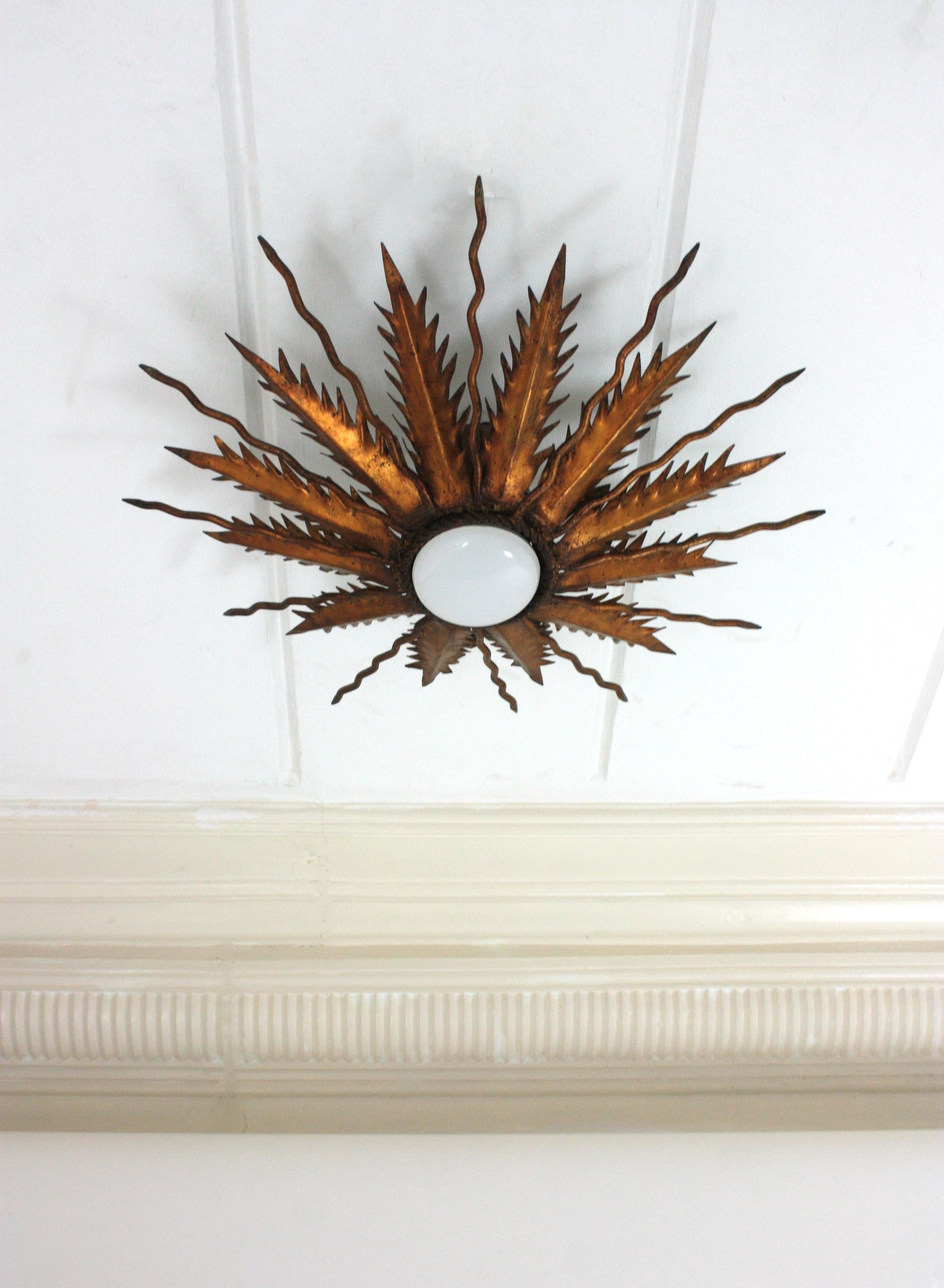 Sunburst Starburst Light Fixure in Bronze Gilt Wrought Iron, 1950 For Sale 2