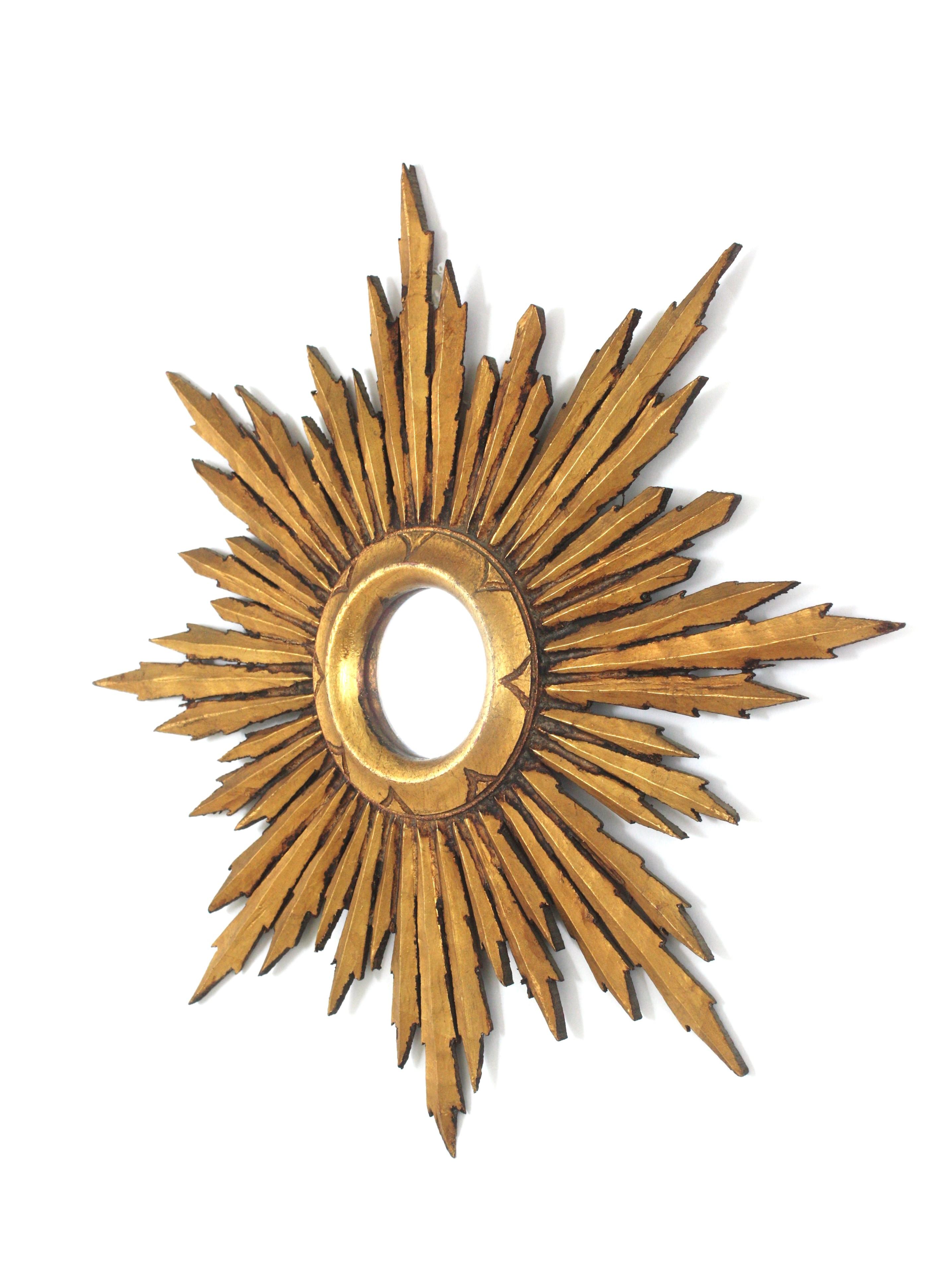 Sunburst Starburst Mirror in Giltwood, Small Scale, Spanish Baroque For Sale 8