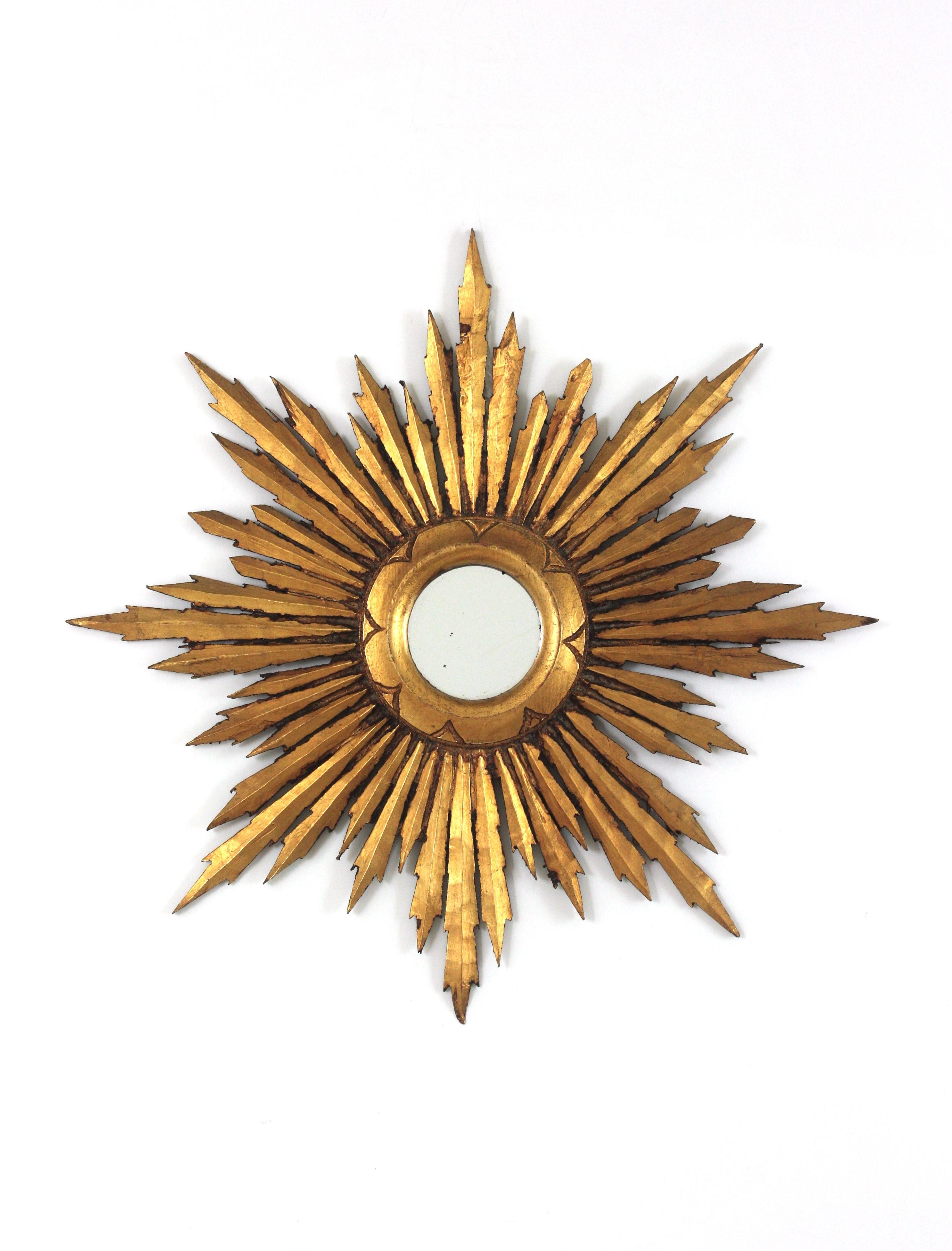 Sunburst Starburst Mirror in Giltwood, Small Scale, Spanish Baroque For Sale 9