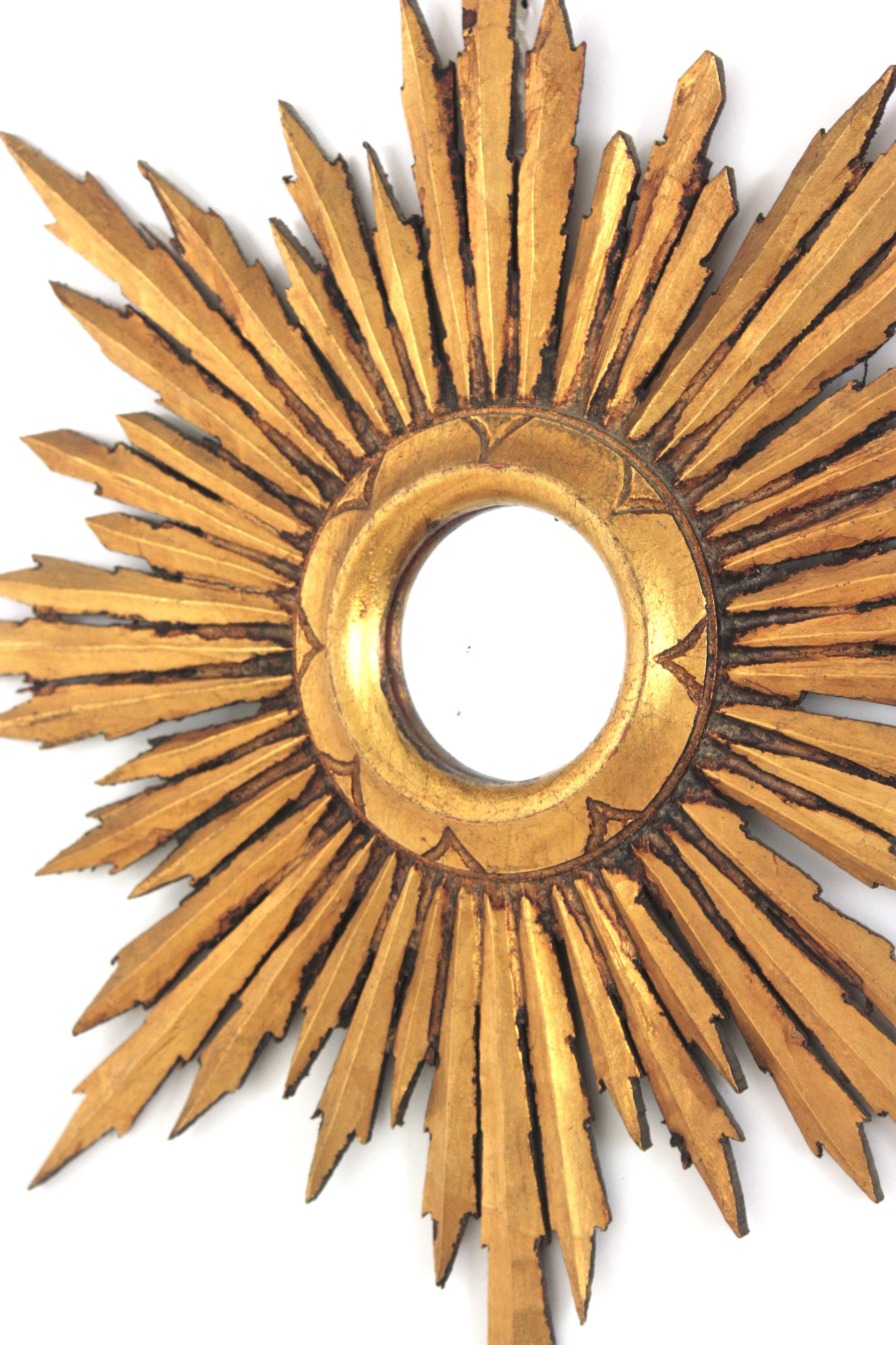 20th Century Sunburst Starburst Mirror in Giltwood, Small Scale, Spanish Baroque For Sale
