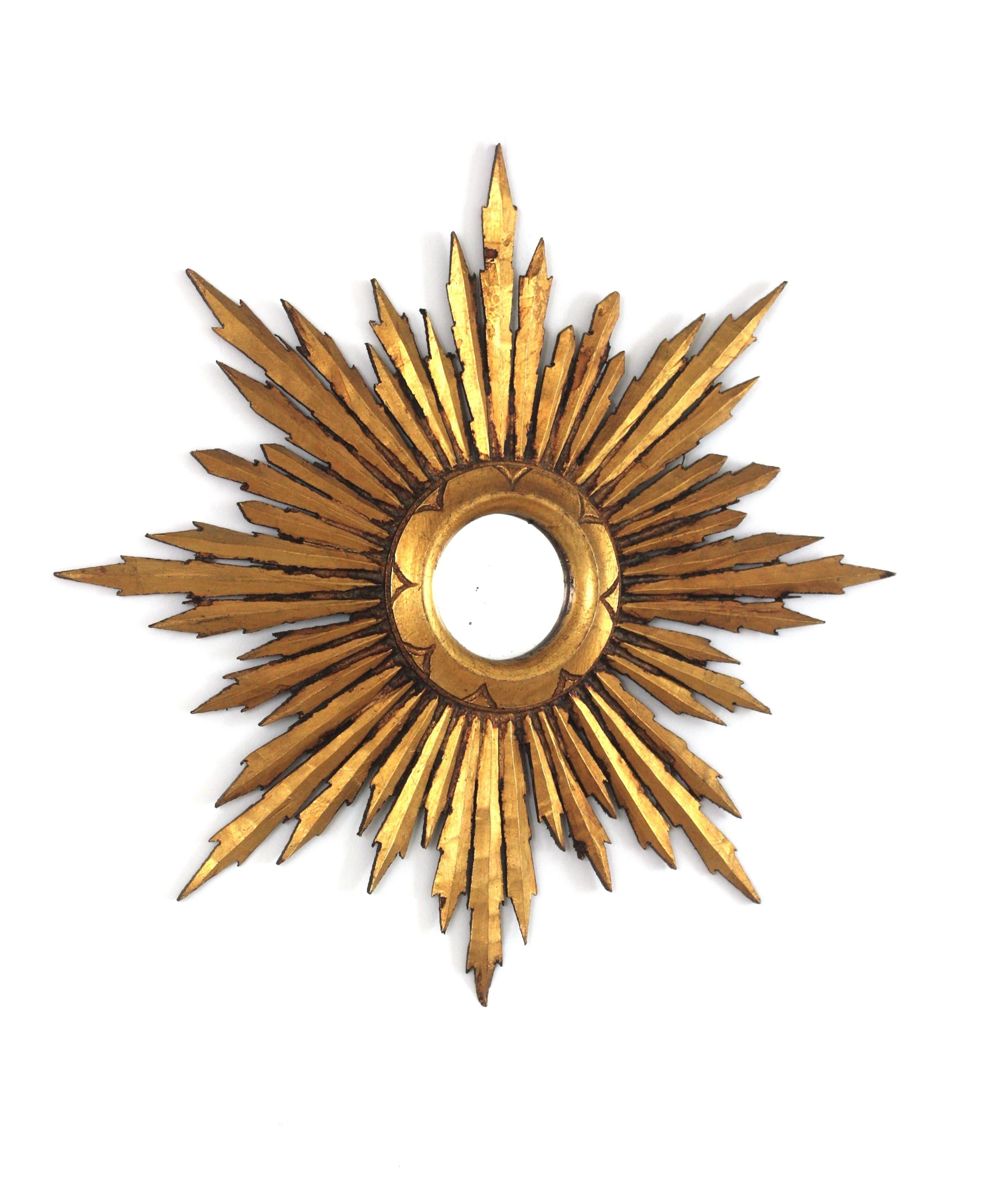 Sunburst Starburst Mirror in Giltwood, Small Scale, Spanish Baroque For Sale 1