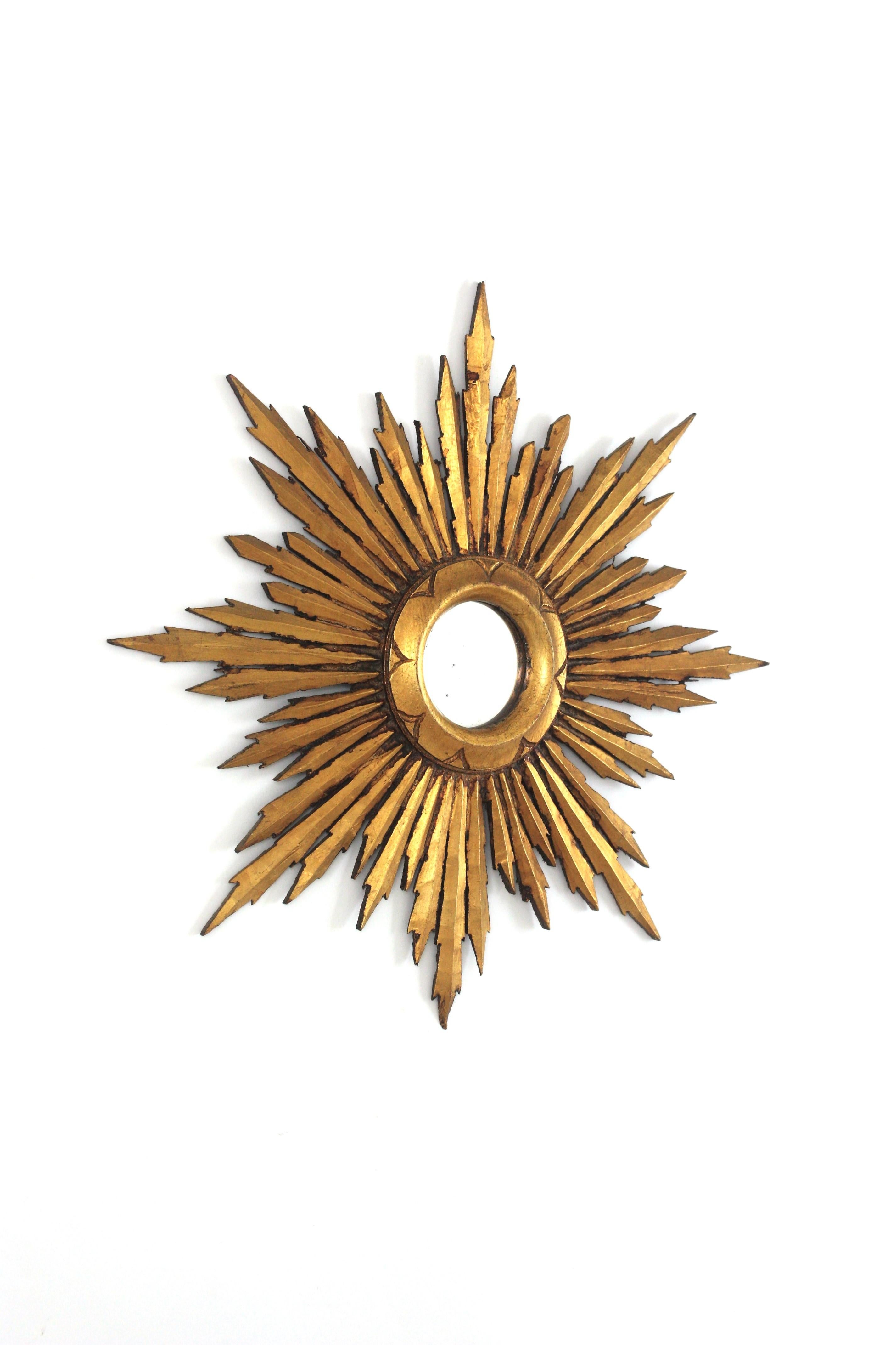 Sunburst Starburst Mirror in Giltwood, Small Scale, Spanish Baroque For Sale 2