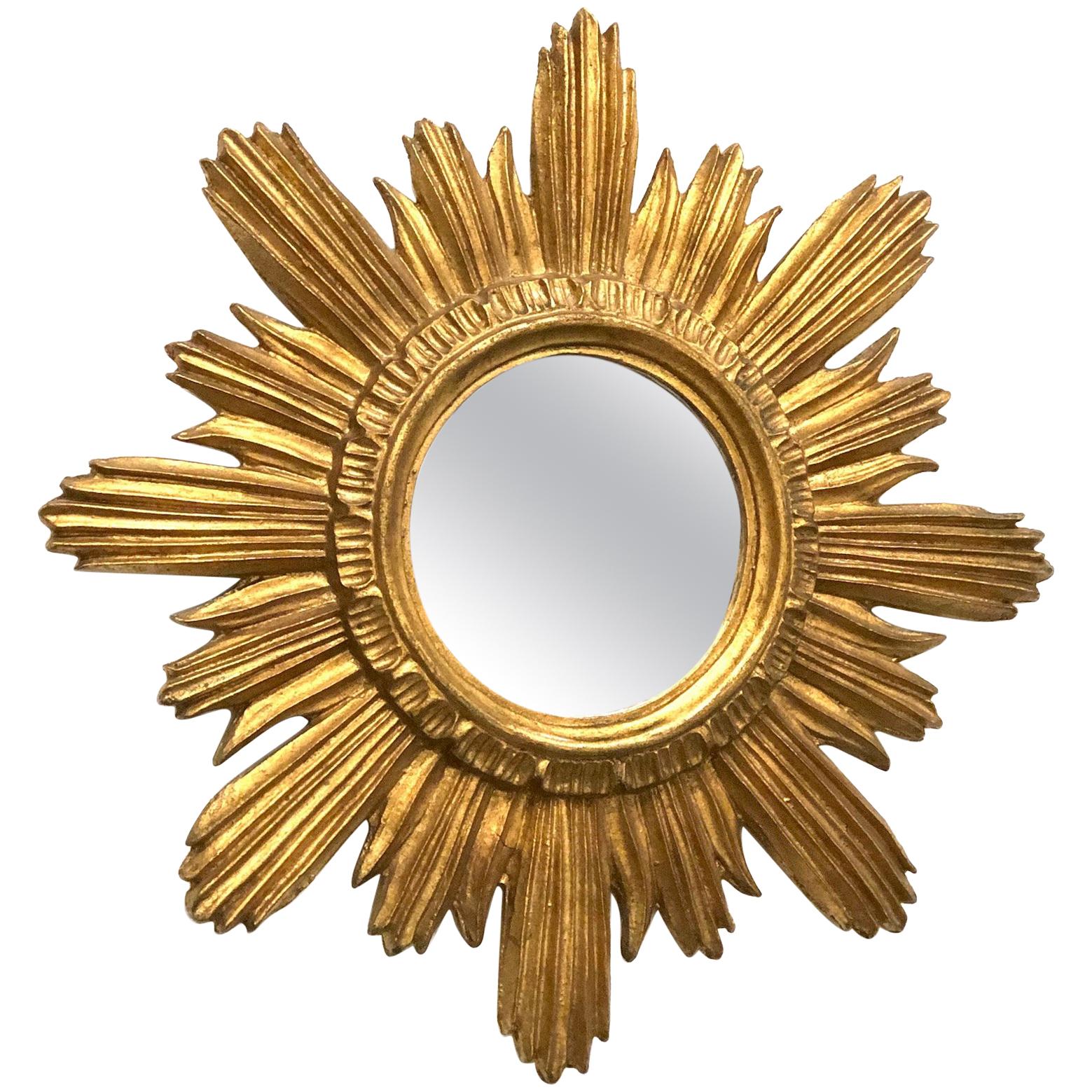 Sunburst Starburst Mirror Wood Stucco, French France, circa 1960s