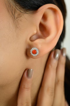 Sunburst Style Red Coral and CZ Halo Stud Earrings in 925 Sterling Silver