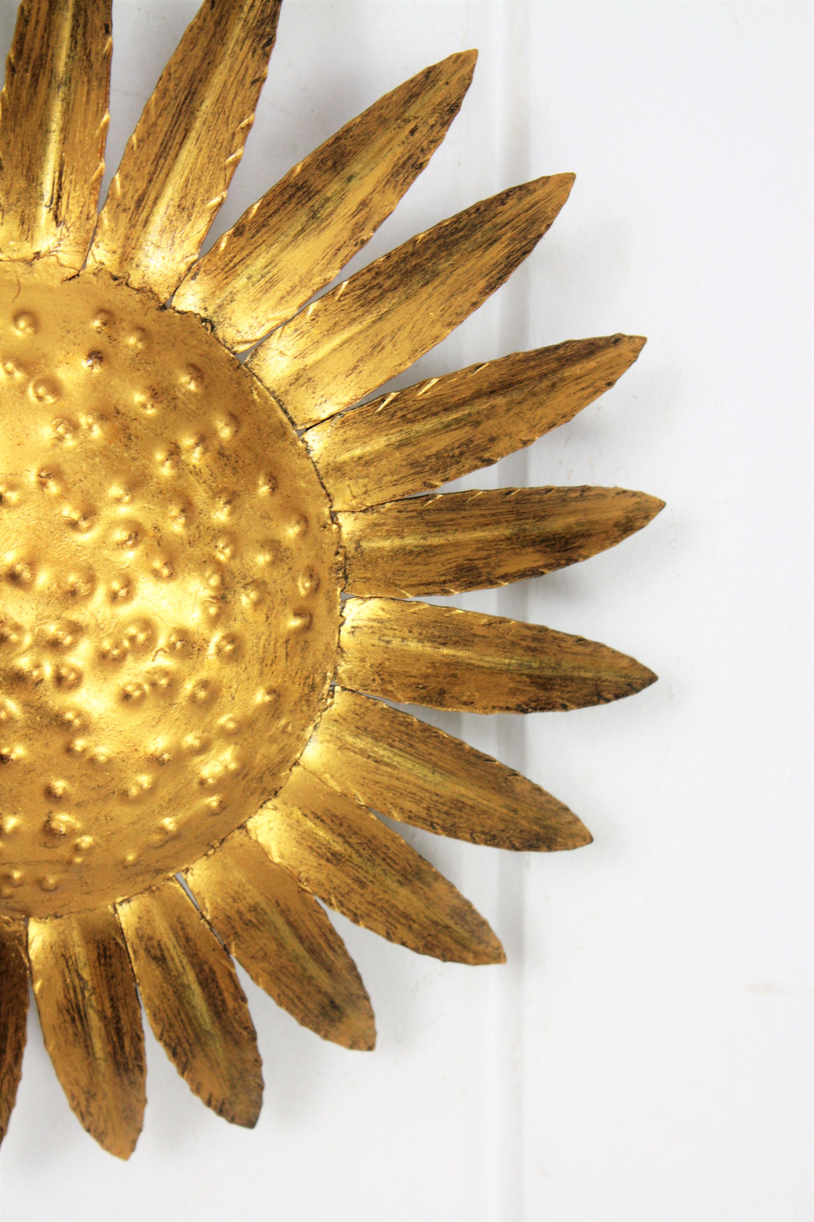 Spanish Sunburst Flower Flush Mount Light Fixture in Gilt Wrought Iron For Sale