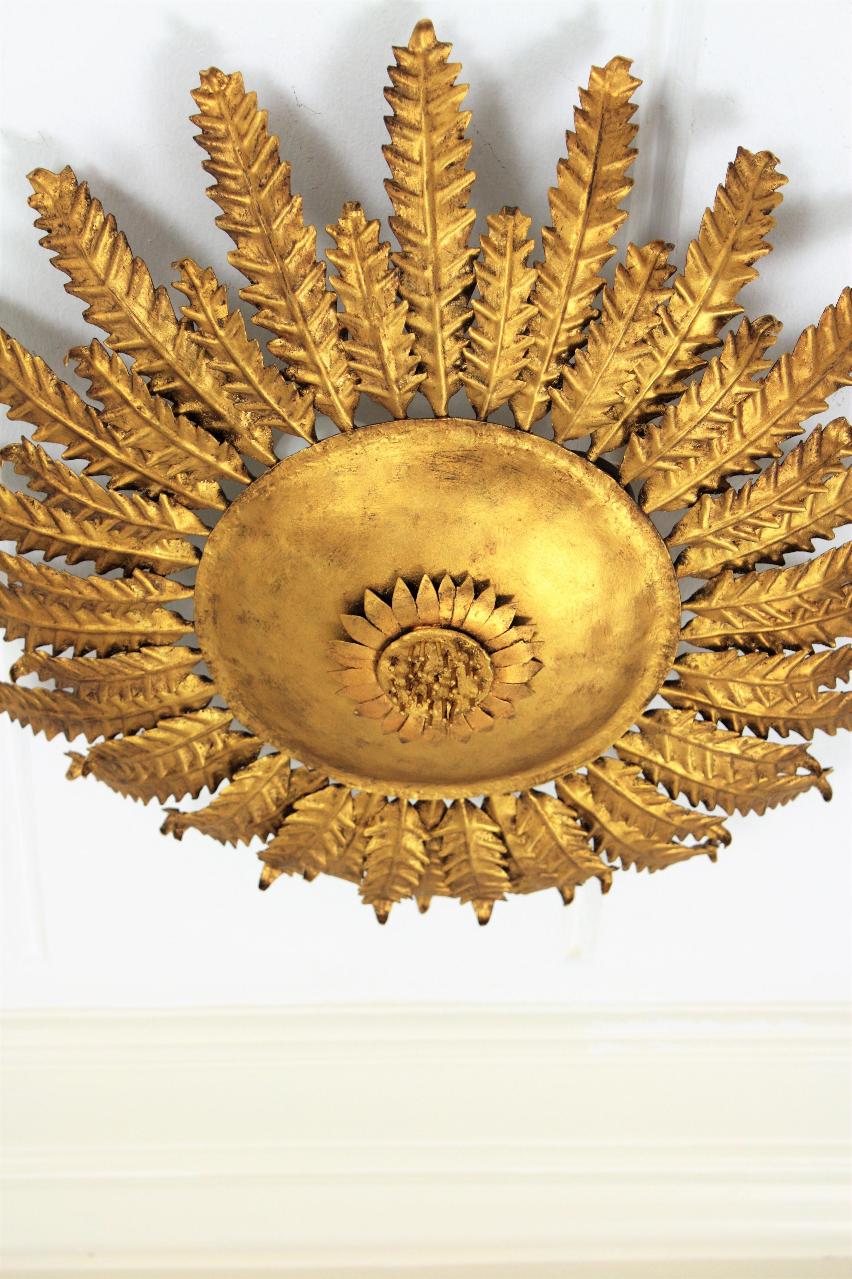 Spanish Sunburst Flower Flush Mount in Gilt Metal, 1950s