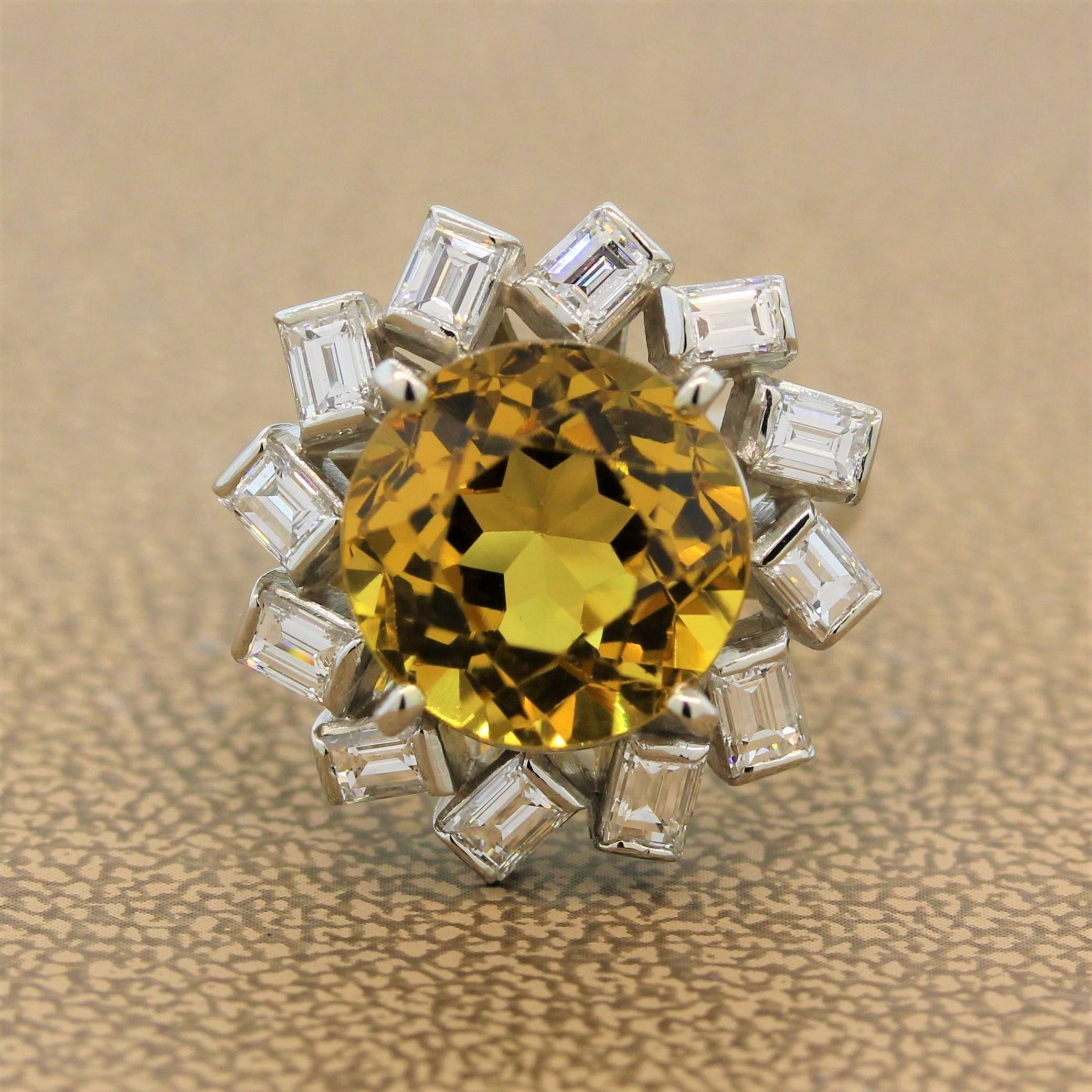 A vivid yellow tourmaline as bright as the sun is prong set in this delightful platinum ring, 5.10 carats. Haloing the round cut tourmaline are 1.20 carats of baguette cut diamonds in a swirling design. A simple yet stunning ring.

Ring Size 4.75