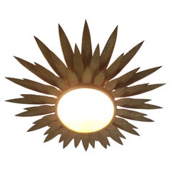 Sunburst Triple Layered Ceiling Light Fixture in Gilt Iron, 1950s