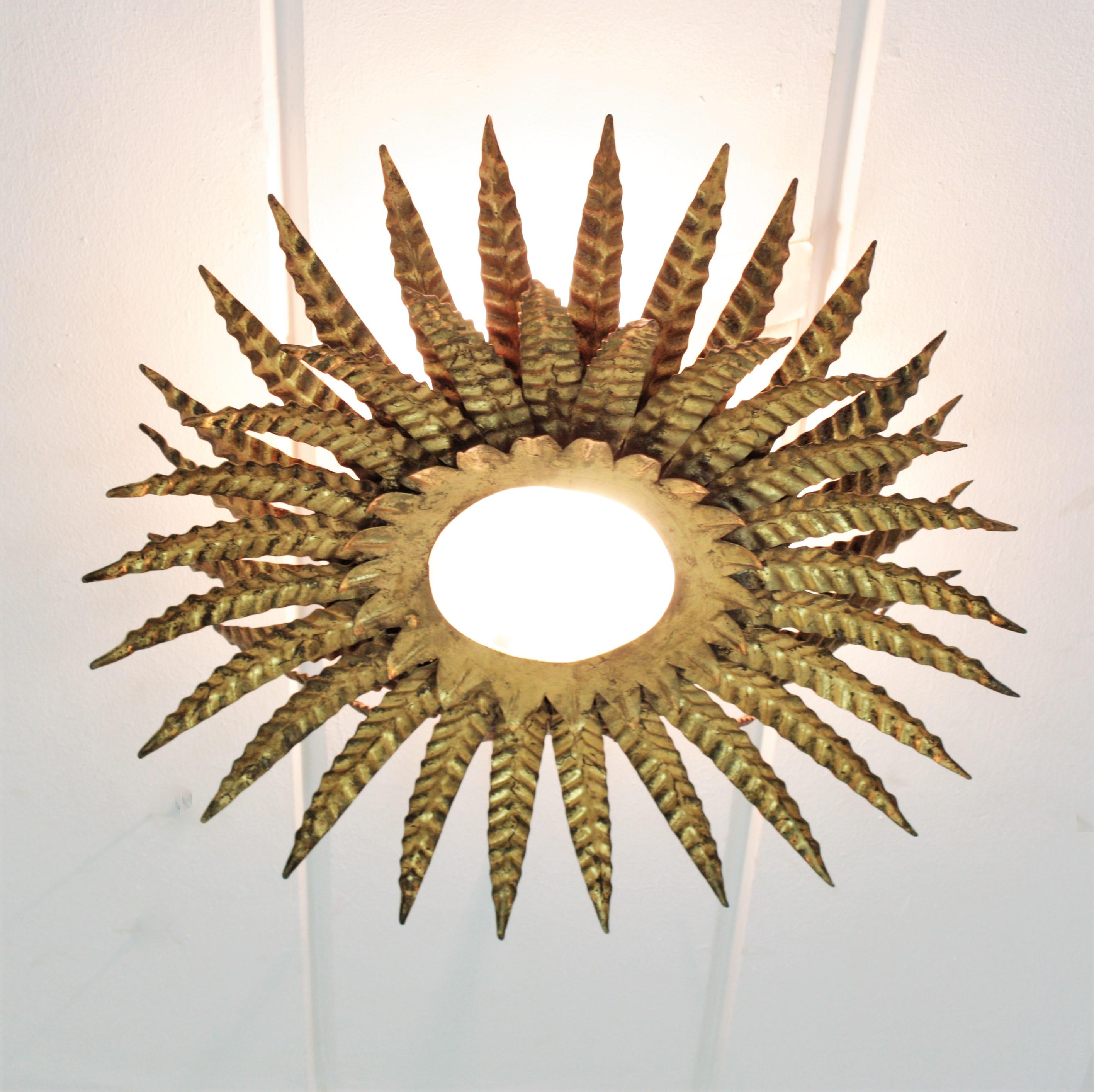 Sunburst Triple Layered Ceiling Light Fixture or Chandelier in Gilt Iron 4