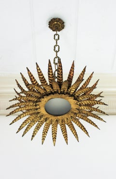 Sunburst Triple Layered Ceiling Light Fixture or Chandelier in Gilt Iron