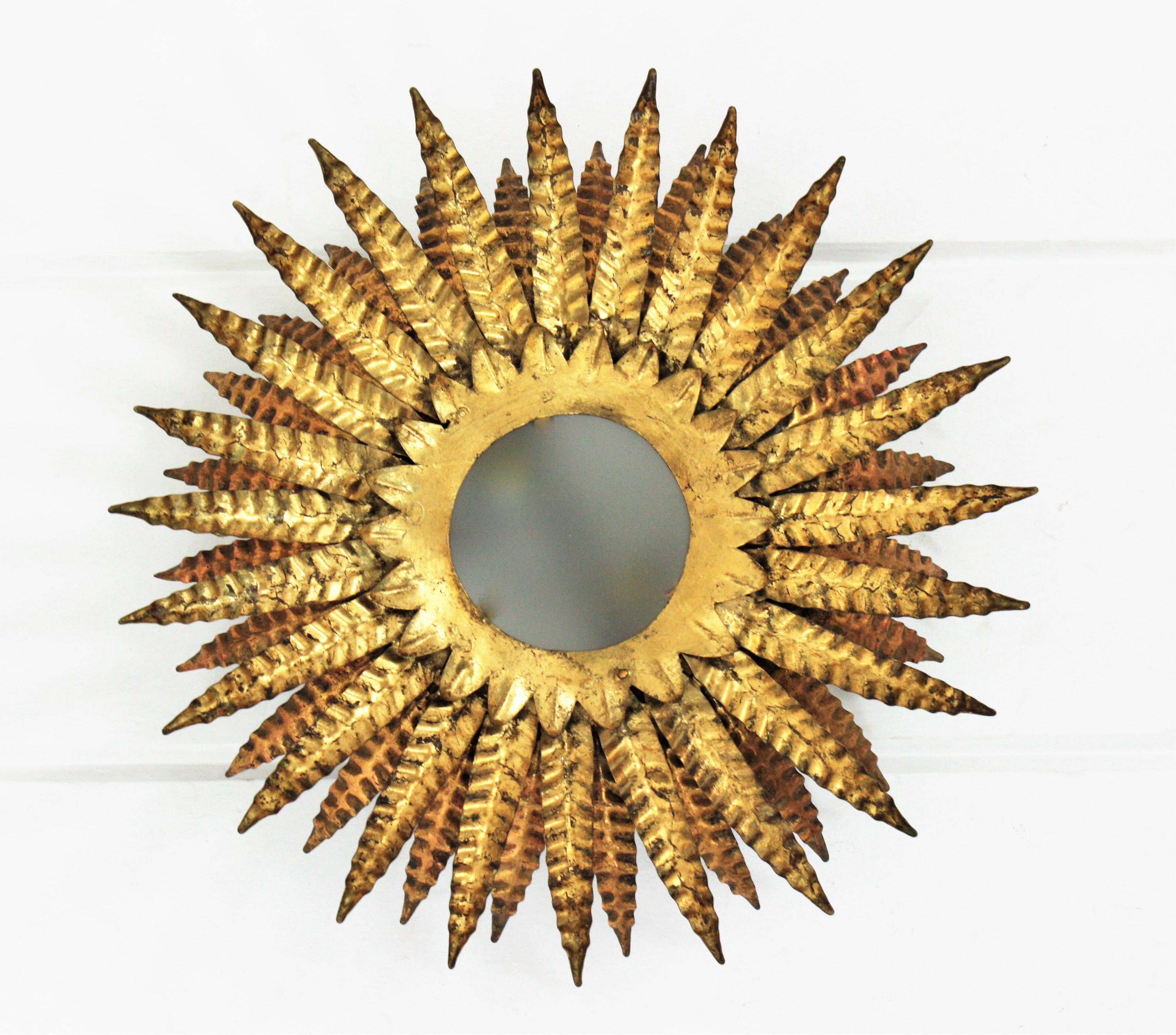 Mid-Century Modern Sunburst Triple Layered Ceiling Light Fixture or Chandelier in Gilt Iron