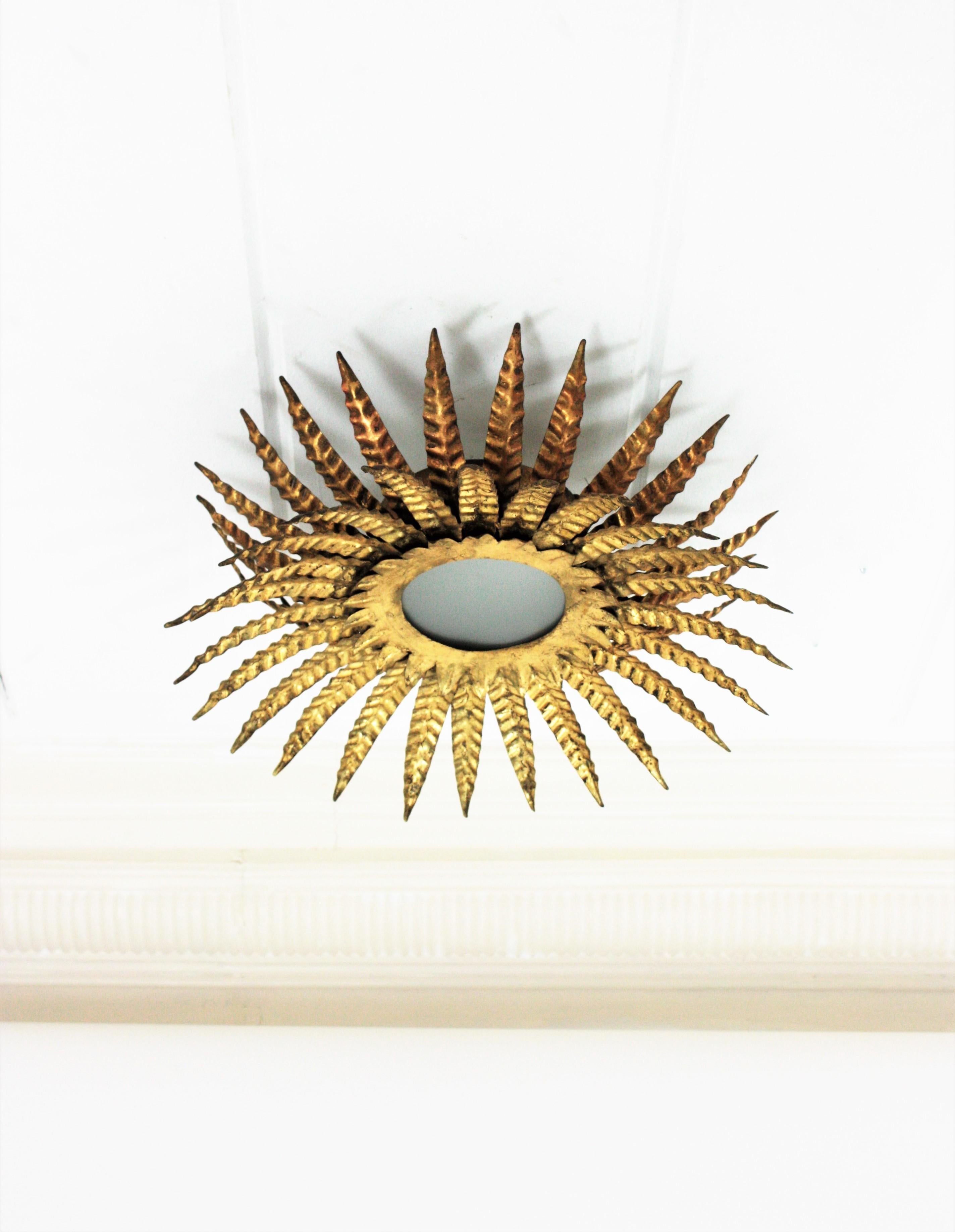 French Sunburst Triple Layered Ceiling Light Fixture or Chandelier in Gilt Iron