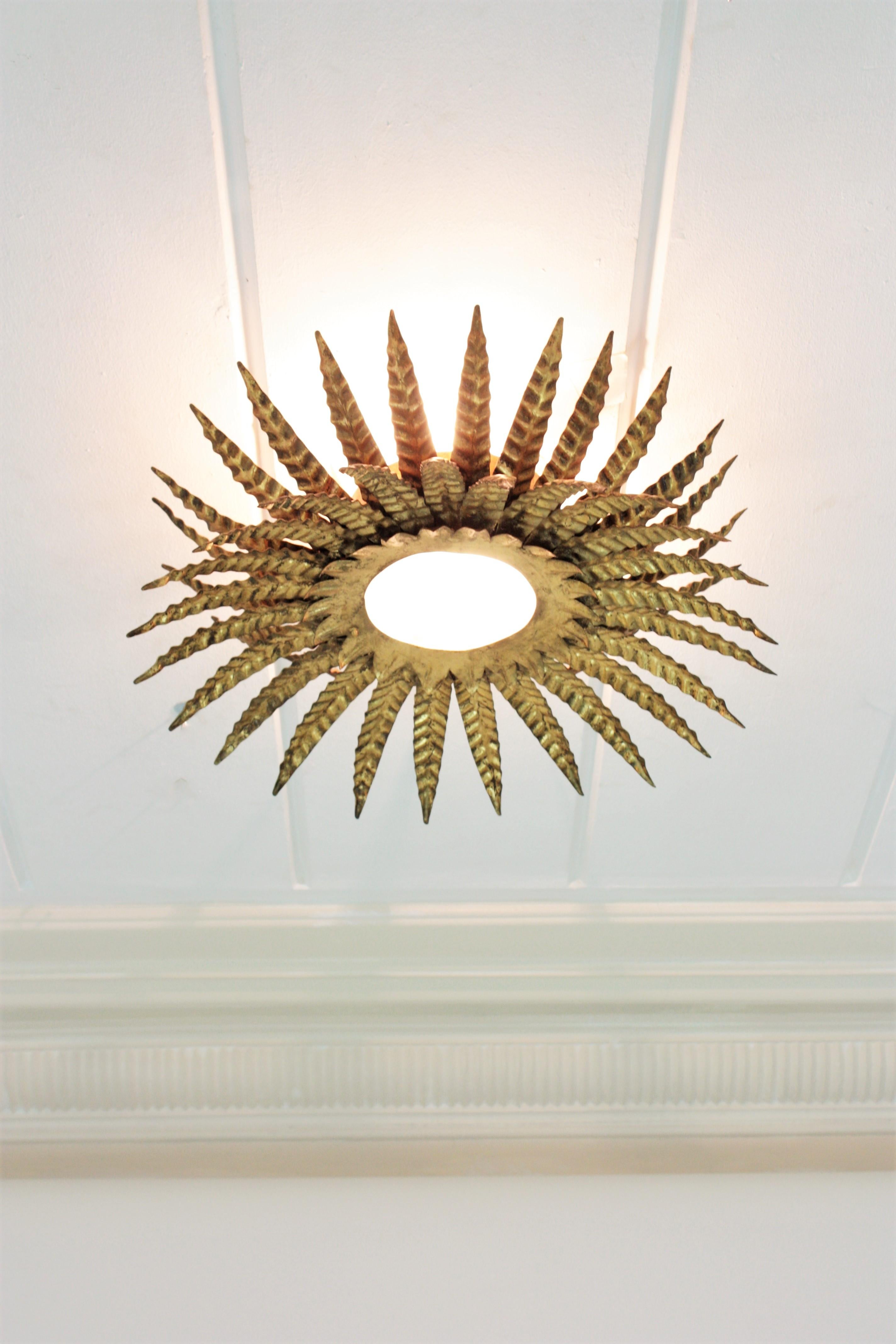 Frosted Sunburst Triple Layered Ceiling Light Fixture or Chandelier in Gilt Iron